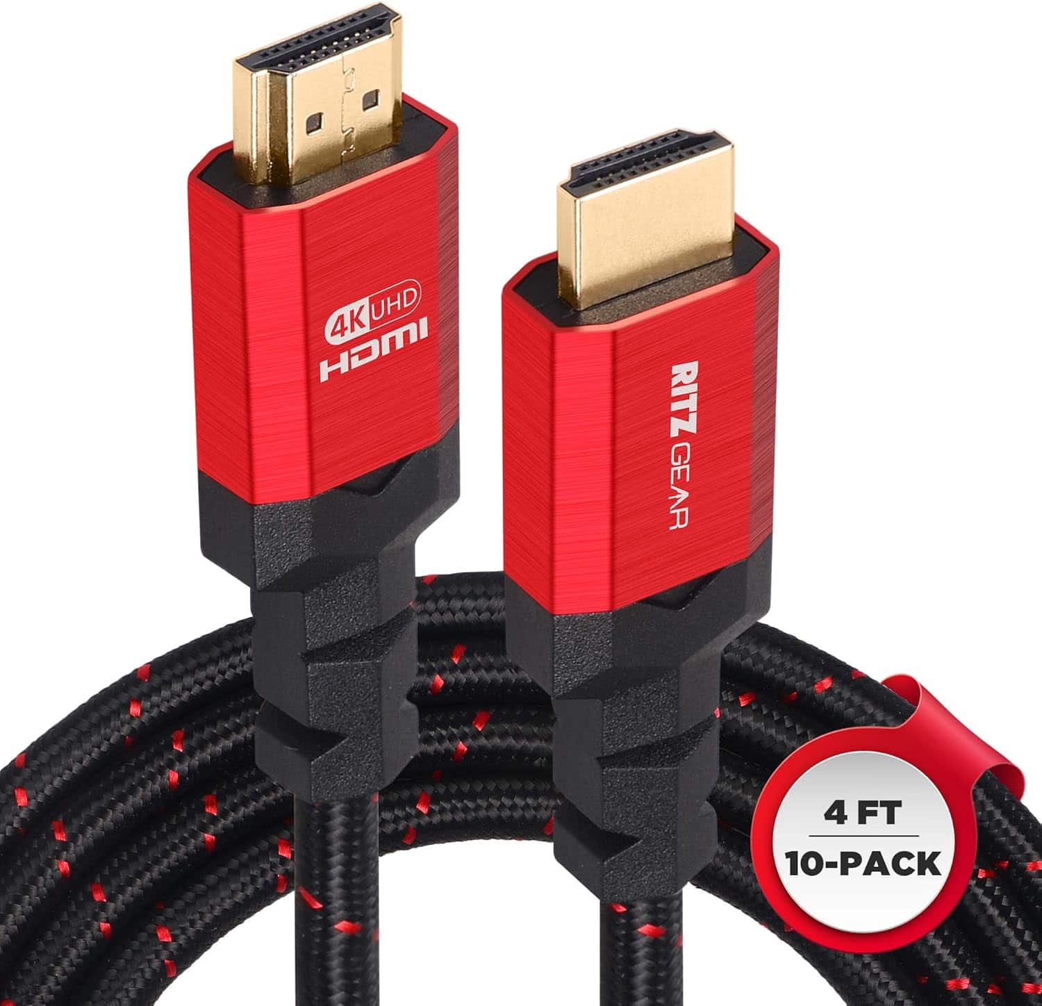 The text on the image reads "UHD 4K HDMI RITZ GEAR 4 FT 10-PACK."