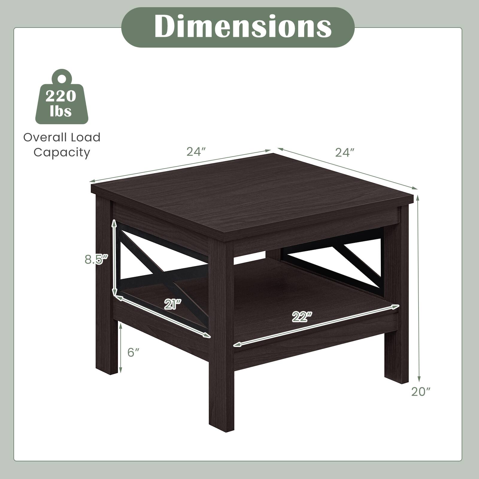 Dimensions  
220 lbs Overall Load Capacity  
24" x 24"  
8.5"  
21" x 22"  
6"  
20"