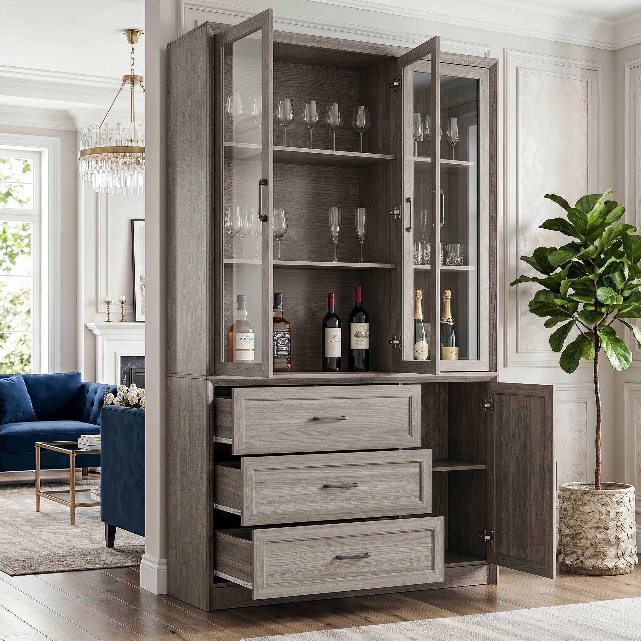 Angle. FUFU & GAGA - Modern Grey Curio Cabinet with Glass Doors & Drawers, Dining Room Sideboard for Wine Glasses Storage, Anti-Tip - Gray.