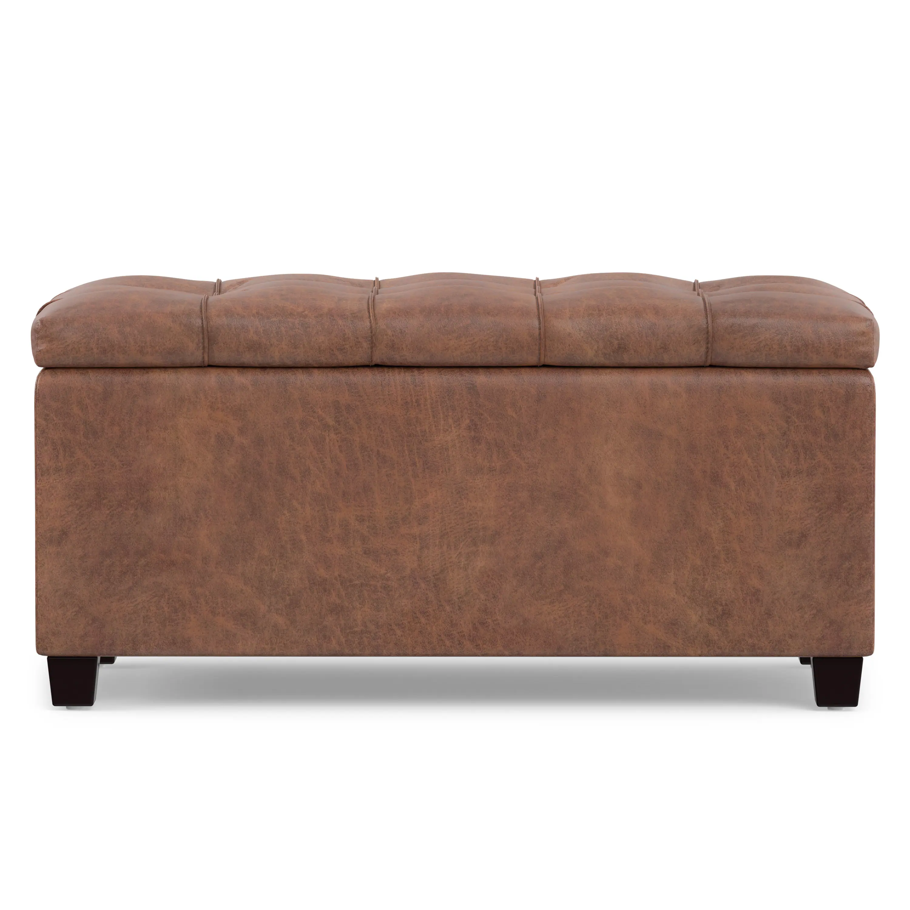 Alt View 3. Simpli Home - Sienna 33 inch Wide Storage Ottoman Bench in Distressed Saddle Brown Vegan Leather - Distressed Saddle Brown.