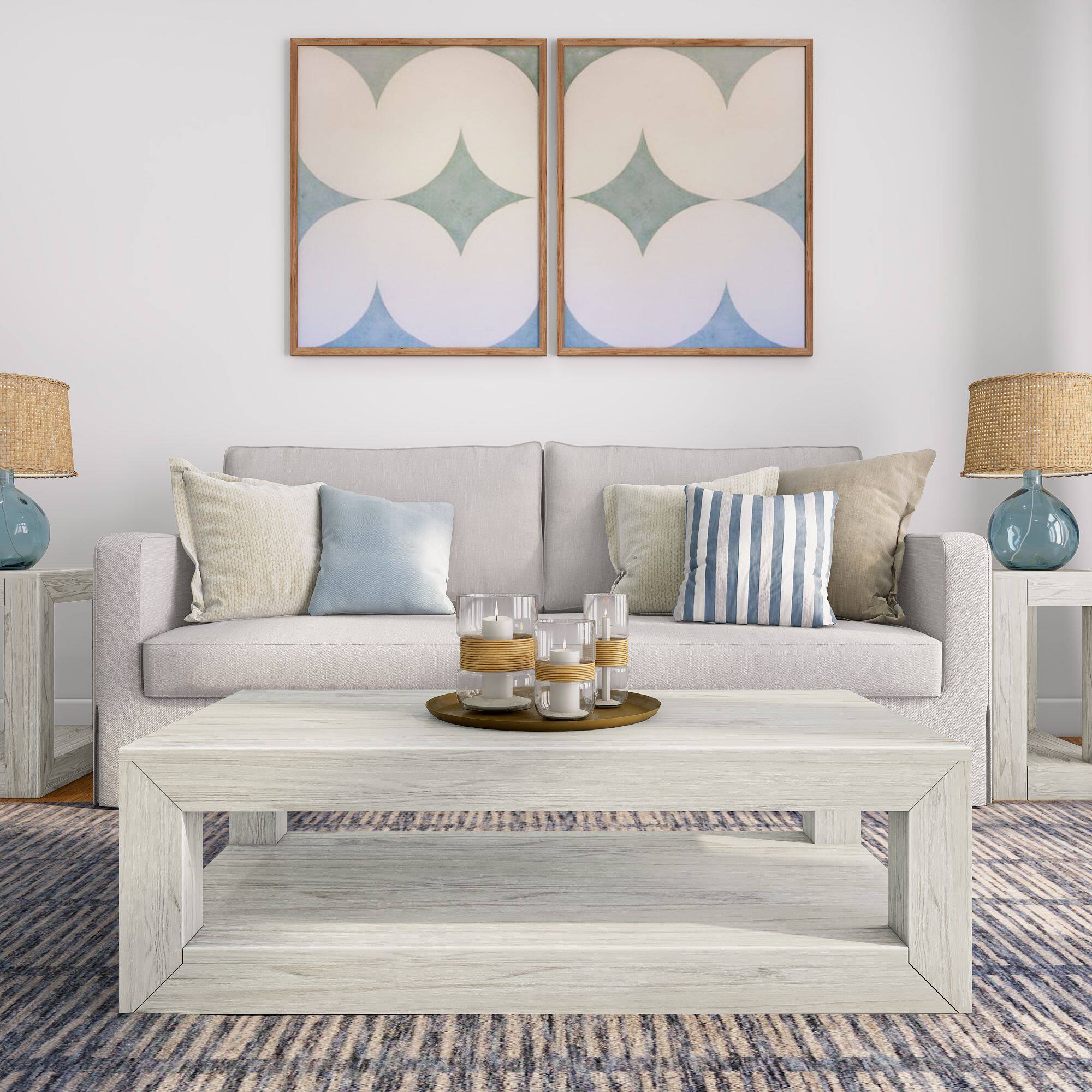 Alt View 1. Plank+Beam - Modern Rectangular Coffee Table with Bottom Shelf (40in x 20in / 1020mm x 510mm), White Sand Wirebru - White Sand Wirebrush.