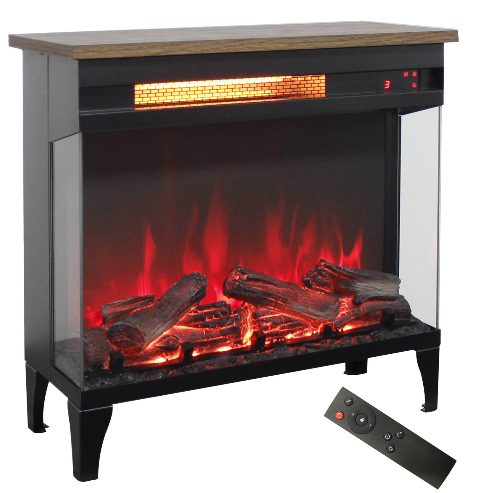 Chateau Abodes - 24" Electric Fireplace Heater, 3-Sided Glass & Wooden Top, 4 Adjustable Flame Colors, 1500W - Antique Black