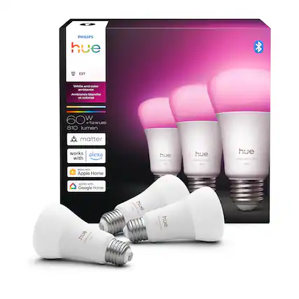 PHILIPS hue E27 White and color ambiance
Ambiance blanche et colorée
60W = 7.2W LED
810 lumen
matter
works with Alexa
Works with Apple Home
works with Google Home