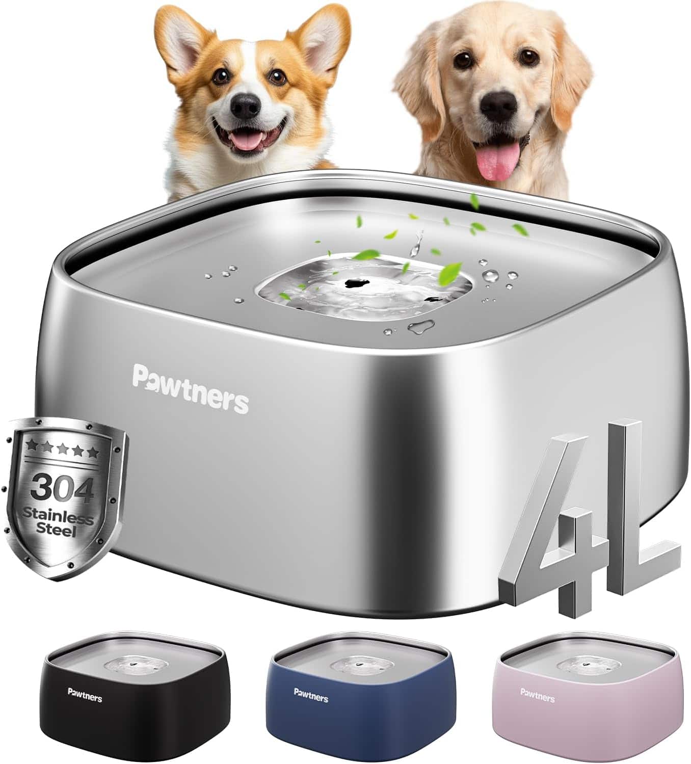 Pawtners - Dog Water Bowl No Spill, 4L Stainless Steel Slow Water Bowl, Spill Proof - Silver