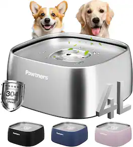 Pawtners - Dog Water Bowl No Spill, 4L Stainless Steel Slow Water Bowl, Spill Proof - Silver