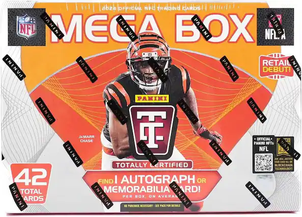 202 OFFICIAL NFL TRADING CARDS PANINI MEGA BOX! RETAIL DEBUT! PANINI PANINI PANINI JAMARR CHASE PANINI OFFICIAL* NFTs NFL PANINI PANINI PANINI YOUR BUY, SELL CARD AUCTION ALL ON TOTALLY CERTIFIED BLOCKCHAIN TECHNOLOGY! 42 FIND I AUTOGRAPH OR TOTAL MEMORABILIA RD! PANINI CARDS PANINI PER BOX. ON AVERAGE PANINI ININV NO PURCHASE NECESSARY SEE PACK FOR DETAILS