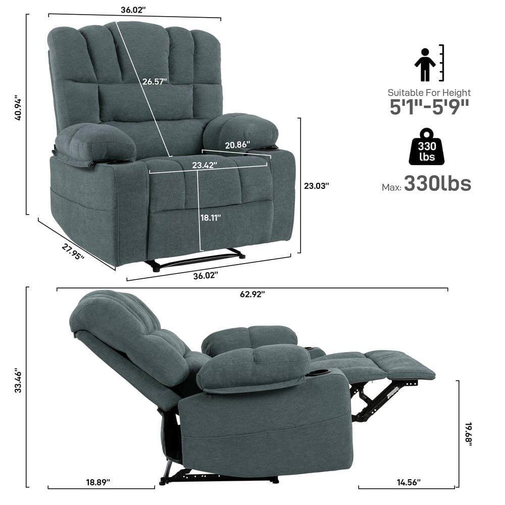 Sure, here is the corrected and grouped text from the image:

- **Dimensions:**
  - Height: 40.94"
  - Width: 36.02"
  - Depth: 27.95"
  - Seat Height: 18.11"
  - Seat Depth: 23.42"
  - Arm Height: 26.57"
  - Back Height: 36.02"
  - Reclined Length: 62.92"
  - Reclined Depth: 33.46"
  - Reclined Height: 18.89"
  - Reclined Width: 14.56"

- **Suitable For Height:**
  - 5'11" - 5'9"

- **Max Weight:**
  - 330 lbs