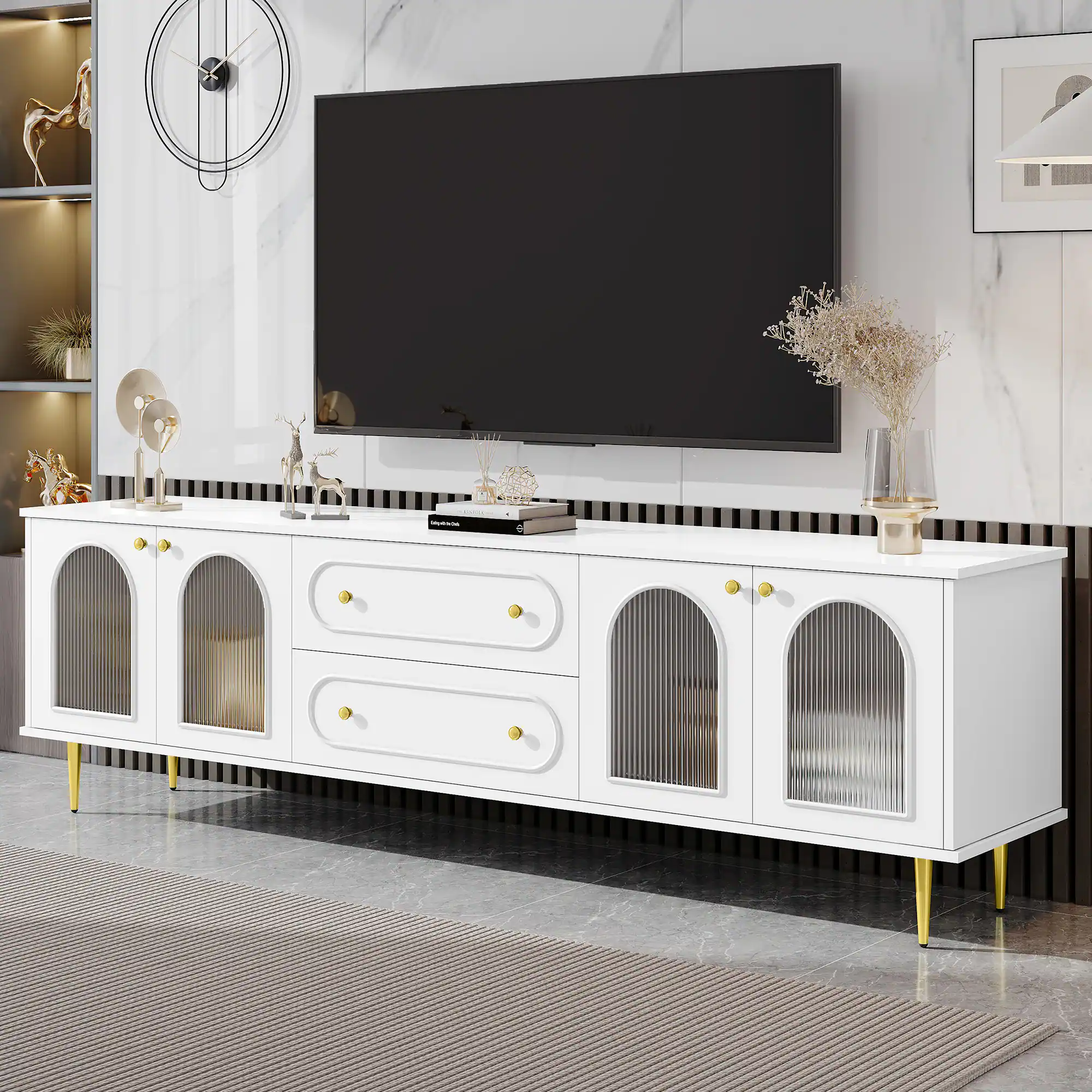 APRILSOUL - Modern TV Stand with Five Metal Legs and Metal Handles 2 Drawers and 2 Cabinets with Fluted Glass Doors Up to 80inch - White