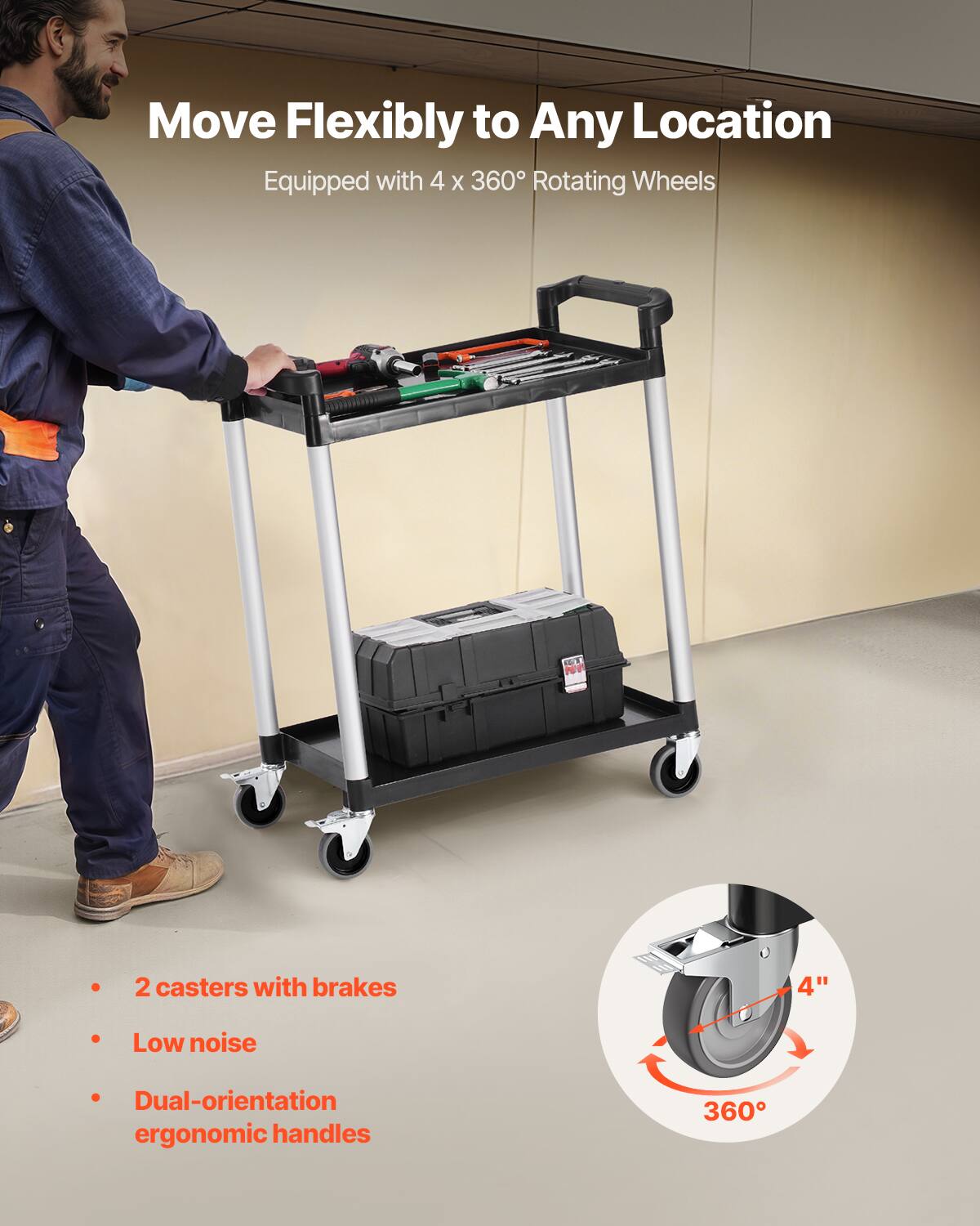 Move Flexibly to Any Location
Equipped with 4 X 360 Rotating Wheels
2 casters with brakes
Low noise
Dual-orientation ergonomic handles
360°