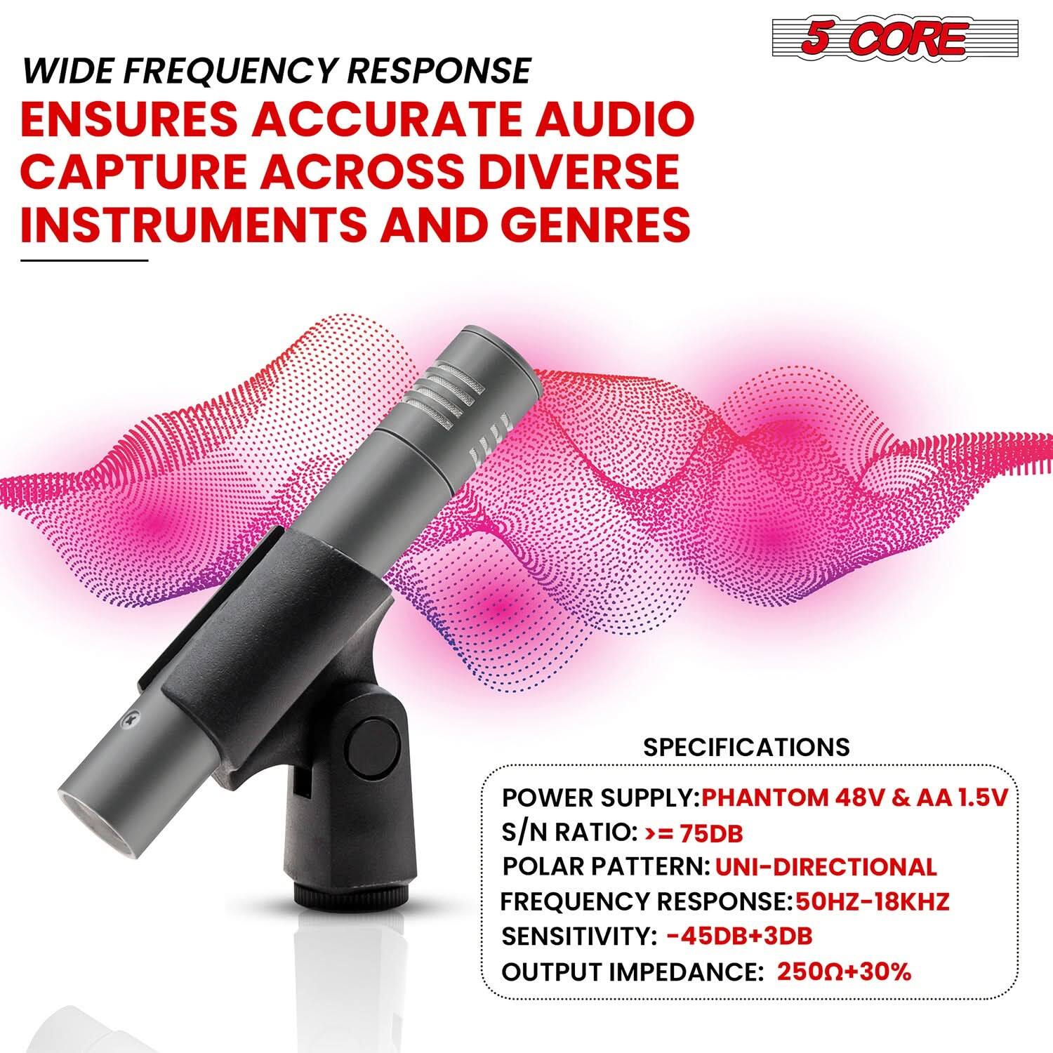 WIDE FREQUENCY RESPONSE ENSURES ACCURATE AUDIO CAPTURE ACROSS DIVERSE INSTRUMENTS AND GENRES

5 CORE SPECIFICATIONS:
- POWER SUPPLY: PHANTOM 48V & AA 1.5V
- S/N RATIO: >= 75DB
- POLAR PATTERN: UNI-DIRECTIONAL
- FREQUENCY RESPONSE: 50HZ-18KHZ
- SENSITIVITY: -45DB+3DB
- OUTPUT IMPEDANCE: 250Ω+30%