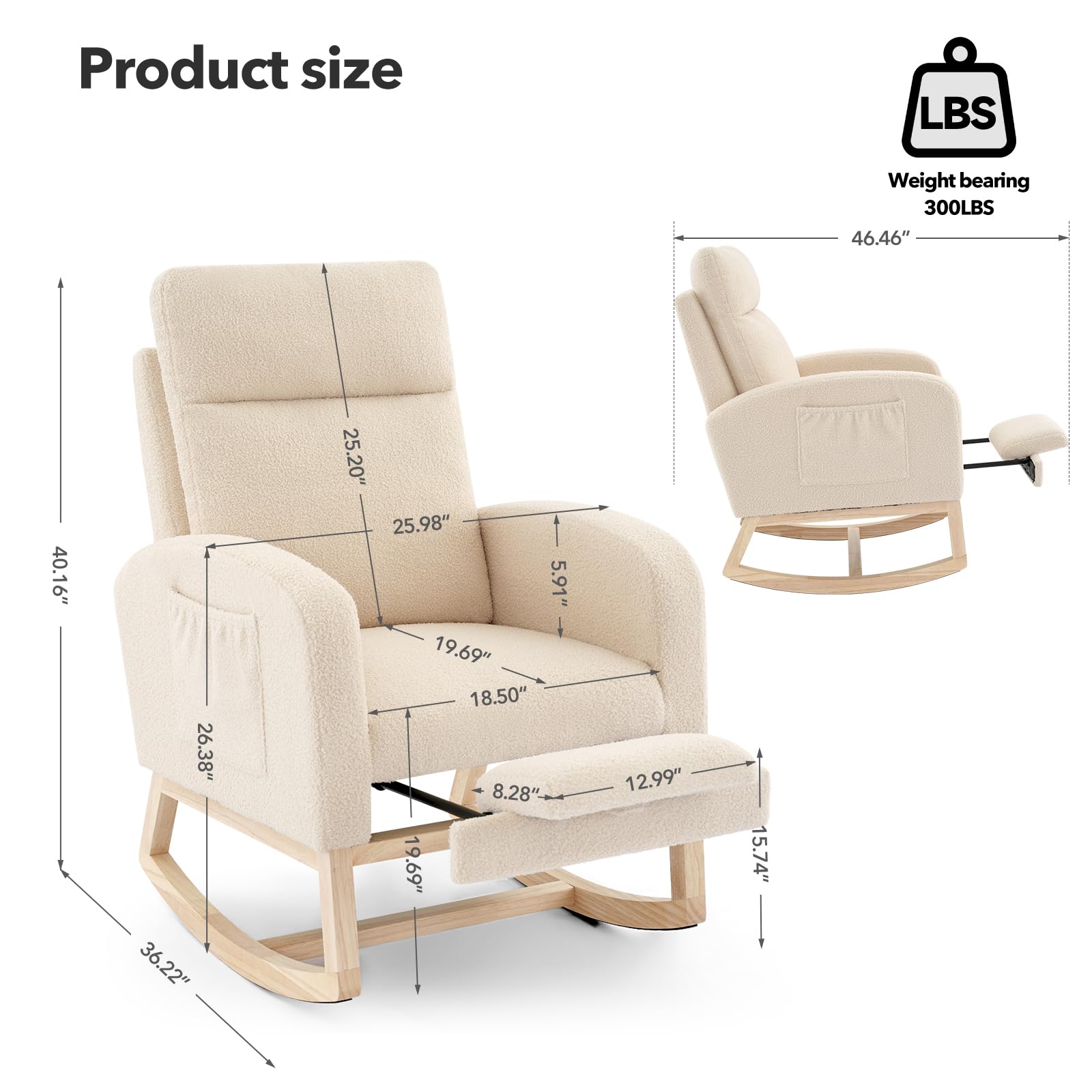 Product size  
Weight bearing 300LBS  

46.46"  
40.16"  
26.38"  
36.22"  
25.20"  
25.98"  
5.91"  
19.69"  
18.50"  
8.28"  
19.69"  
12.99"  
15.74"