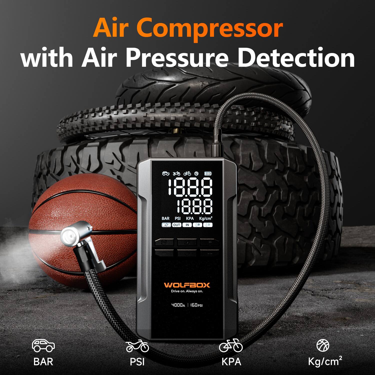 Air Compressor with Air Pressure Detection

1 HIC 1888 BAR PSI

WOLFBOX Drive Always GA 4000 | 6 BAR PSI Kg/cm²