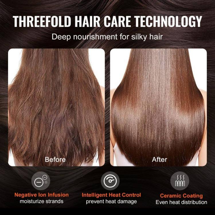 THREEFOLD HAIR CARE TECHNOLOGY  
Deep nourishment for silky hair  

Before  
After  

- Negative Ion Infusion  
  moisturize strands  

- Intelligent Heat Control  
  prevent heat damage  

- Ceramic Coating  
  Even heat distribution