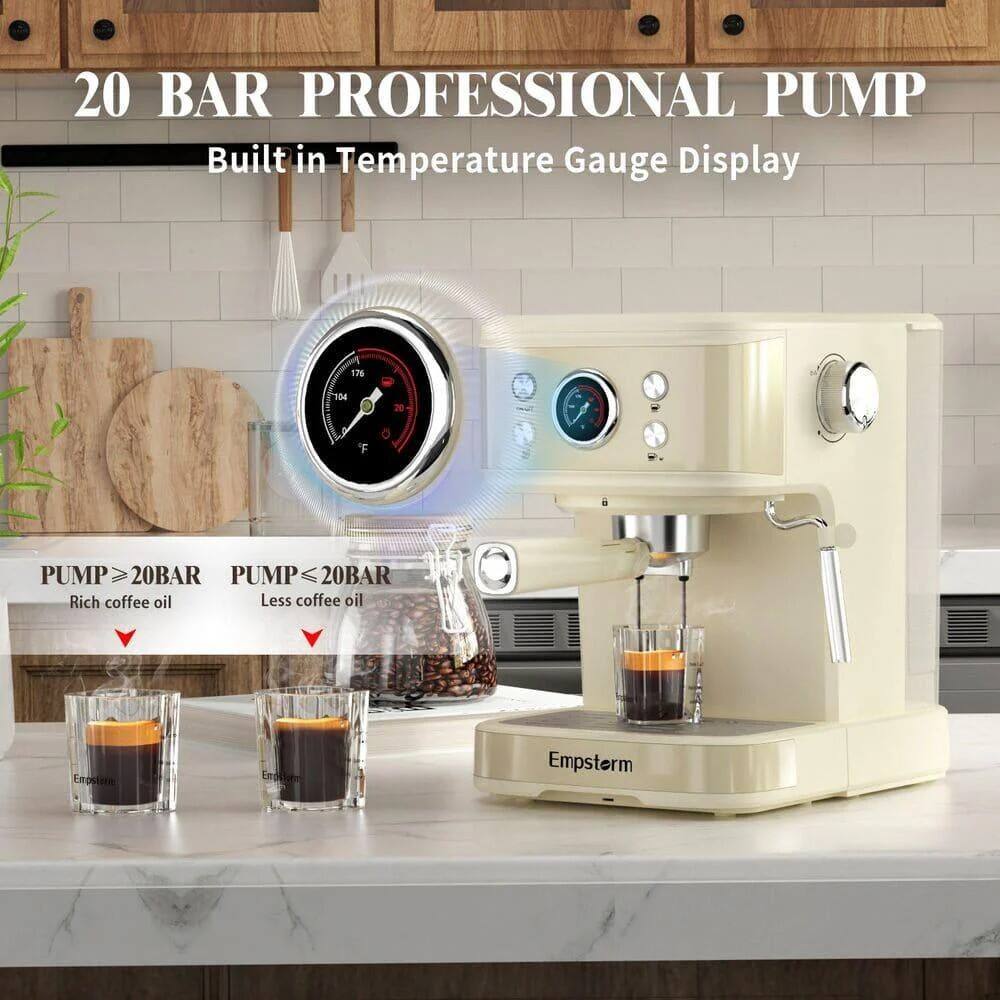 20 BAR PROFESSIONAL PUMP  
Built in Temperature Gauge Display  

PUMP ≥ 20BAR  
Rich coffee oil  

PUMP ≤ 20BAR  
Less coffee oil  

Empsterm