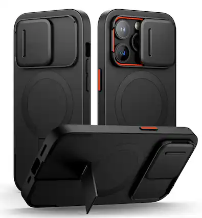 Front. SURITCH - Bumper Case for iPhone 14 Pro with Camera Cover, Kickstand, Compatible with MagSafe, Shockproof Slim Protective Cover - Aurora Black.