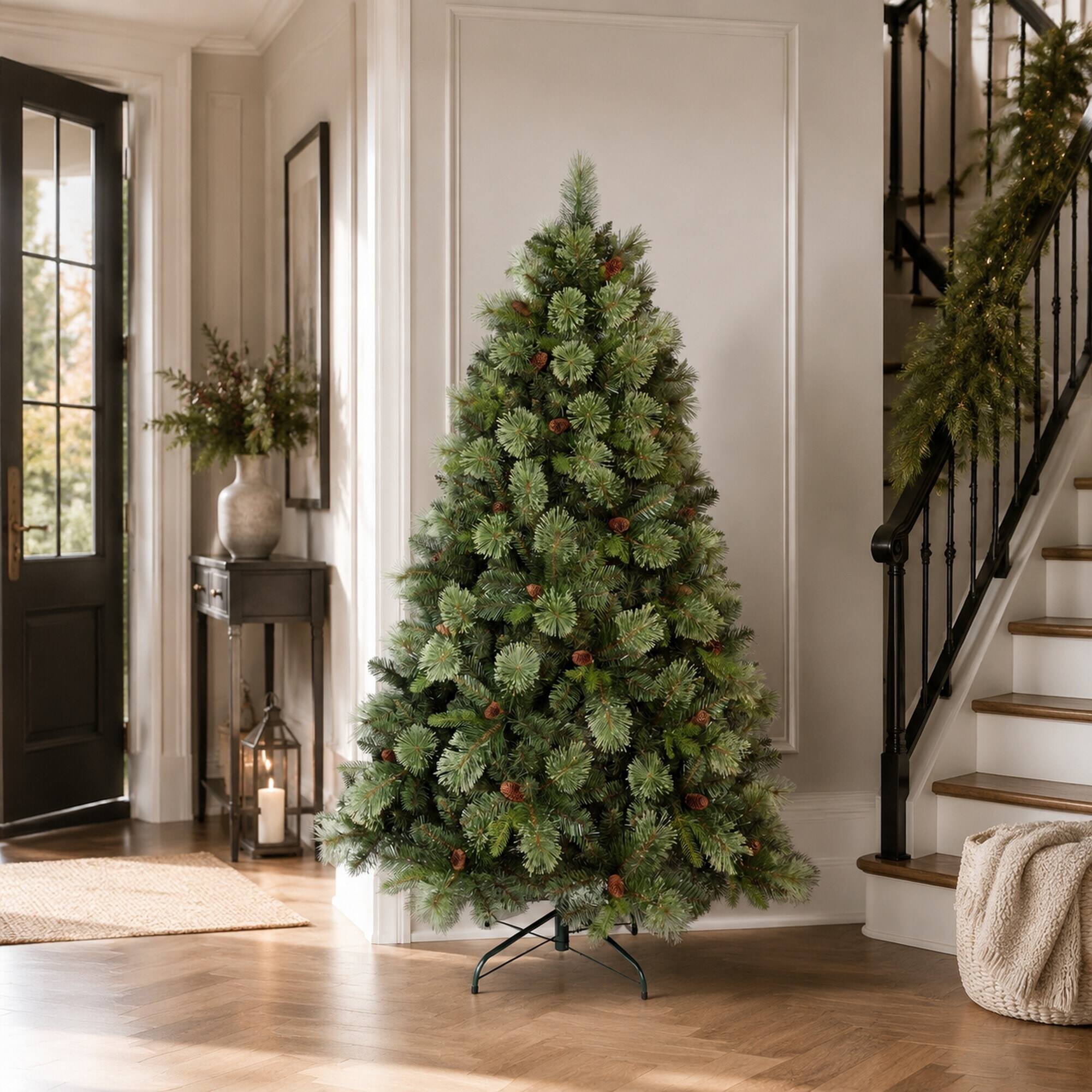 Alt View 1. RYHNUYNE - 5FT Pre-Lit Artificial Christmas Tree With 290 Warm White LED Lights and 647 Tips, 43 Pine Cones and Iron Base - Green.