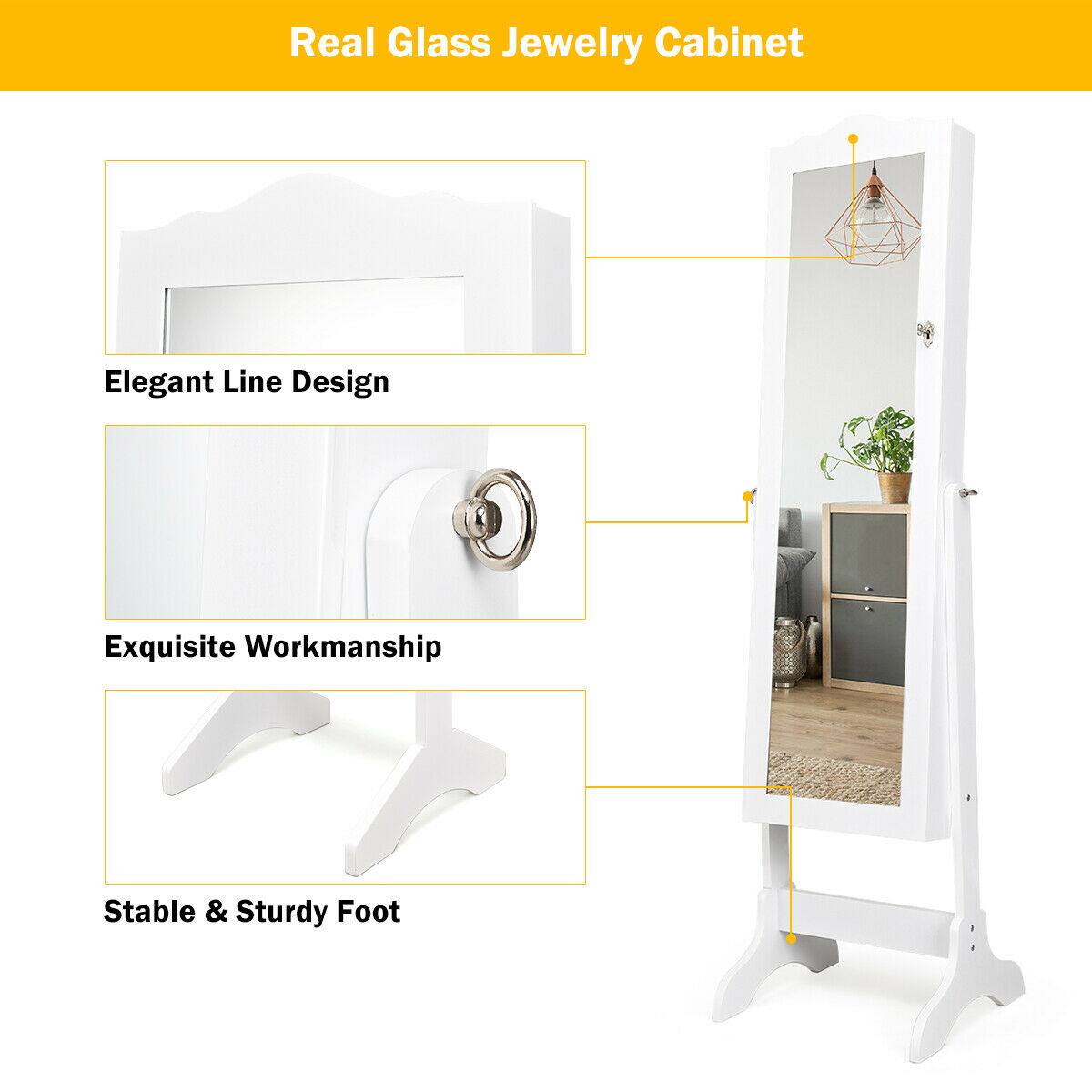Real Glass Jewelry Cabinet: Elegant Line Design, Exquisite Workmanship, Stable & Sturdy Foot.