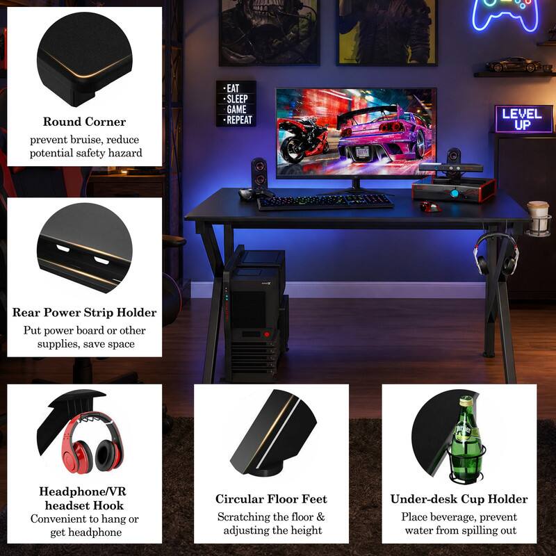 - Round Corner: prevent bruise, reduce potential safety hazard
- EAT SLEEP GAME REPEAT LEVEL UP
- Rear Power Strip Holder: Put power board or other supplies, save space
- Headphone/VR headset Hook: Convenient to hang or get headphone
- Circular Floor Feet: Scratching the floor & adjusting the height
- Under-desk Cup Holder: Place beverage, prevent water from spilling out