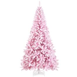 WELLFOR - 7.5ft Prelit Snow Flocked Artificial Christmas Tree with Warm White Lights,1100 Full Branch Tips - Pink