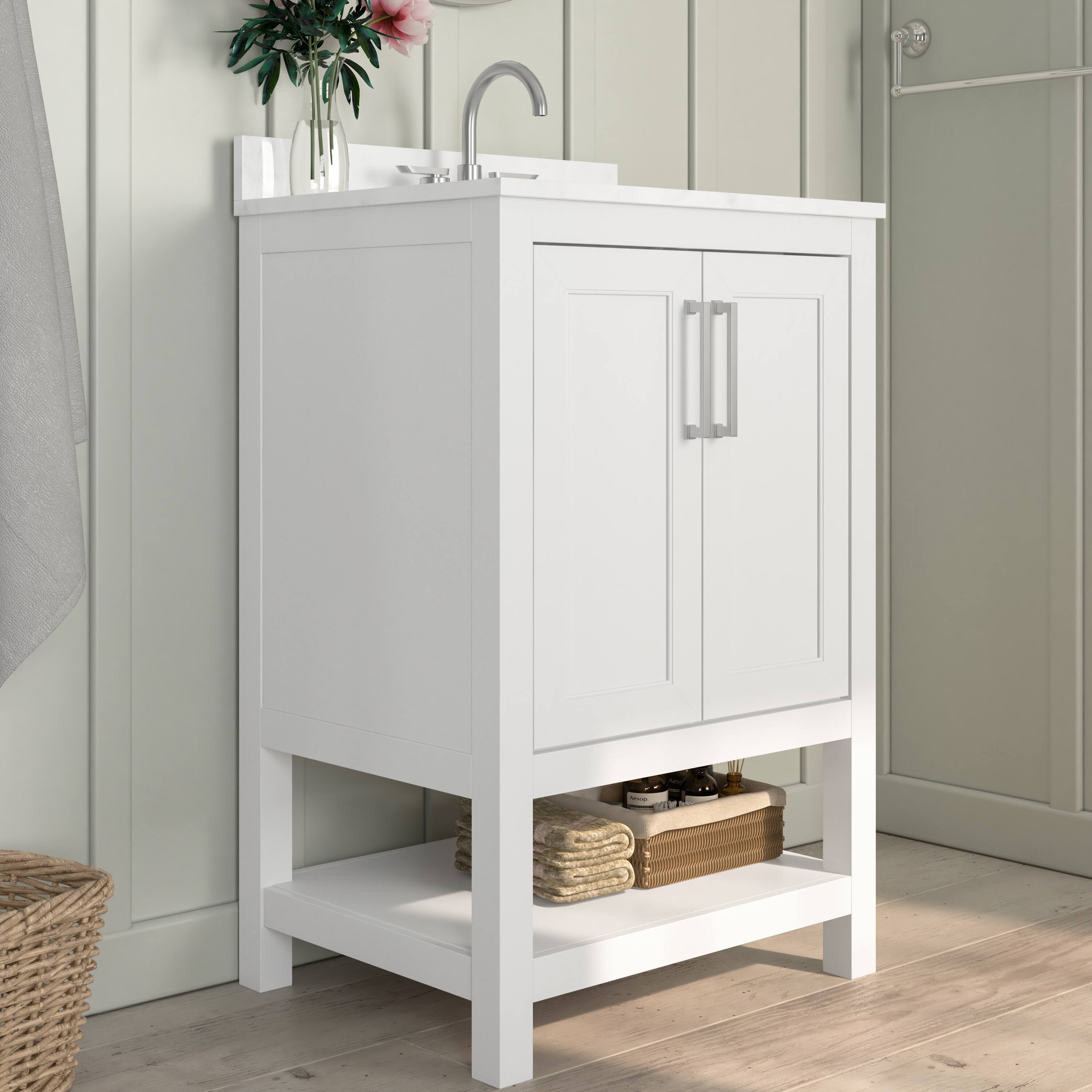 Alt View 3. Emma + Oliver - Vesta Bathroom Vanity, Single Sink Cabinet with 2 Soft Close Doors and Open Shelf, Carrara Marble Finish Countertop - White.