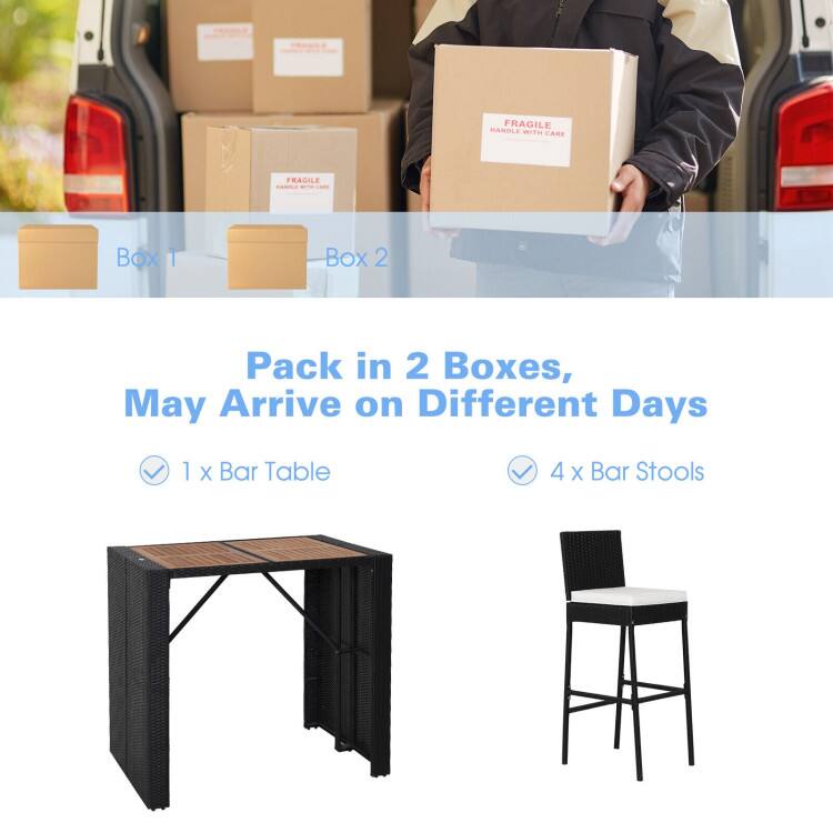 FRAGILE HANDLE WITH CARE  
Box 1  
Box 2  
Pack in 2 Boxes, May Arrive on Different Days  
1 x Bar Table  
4 x Bar Stools