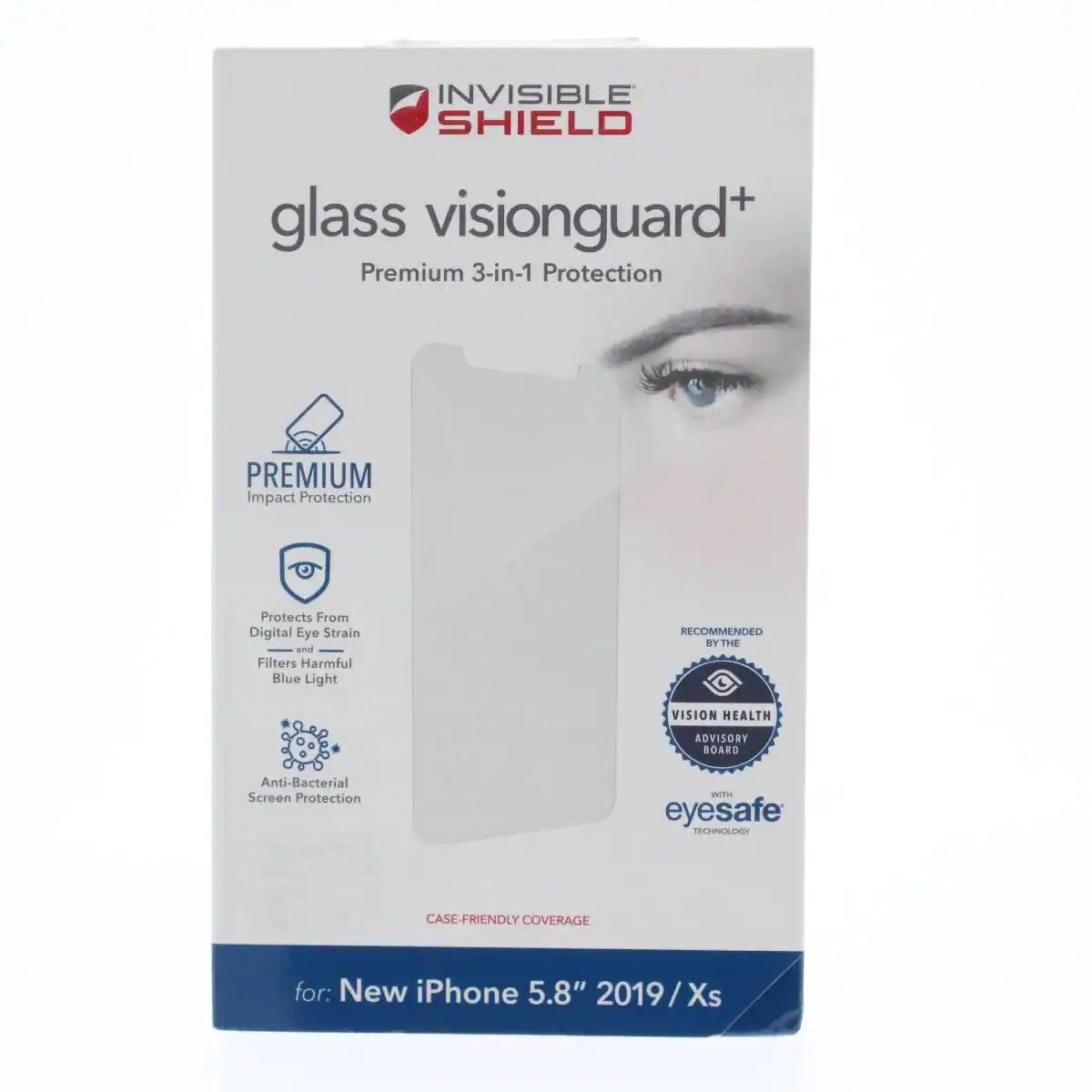 INVISIBLE SHIELD glass visionguard+
Premium 3-in-1 Protection
PREMIUM Impact Protection
Protects From Digital Eye Strain and Filters Harmful Blue Light
RECOMMENDED BY THE VISION HEALTH ADVISORY BOARD
Anti-Bacterial Screen Protection
WITH eyesafe TECHNOLOGY
CASE-FRIENDLY COVERAGE
for: New iPhone 5.8" 2019/Xs