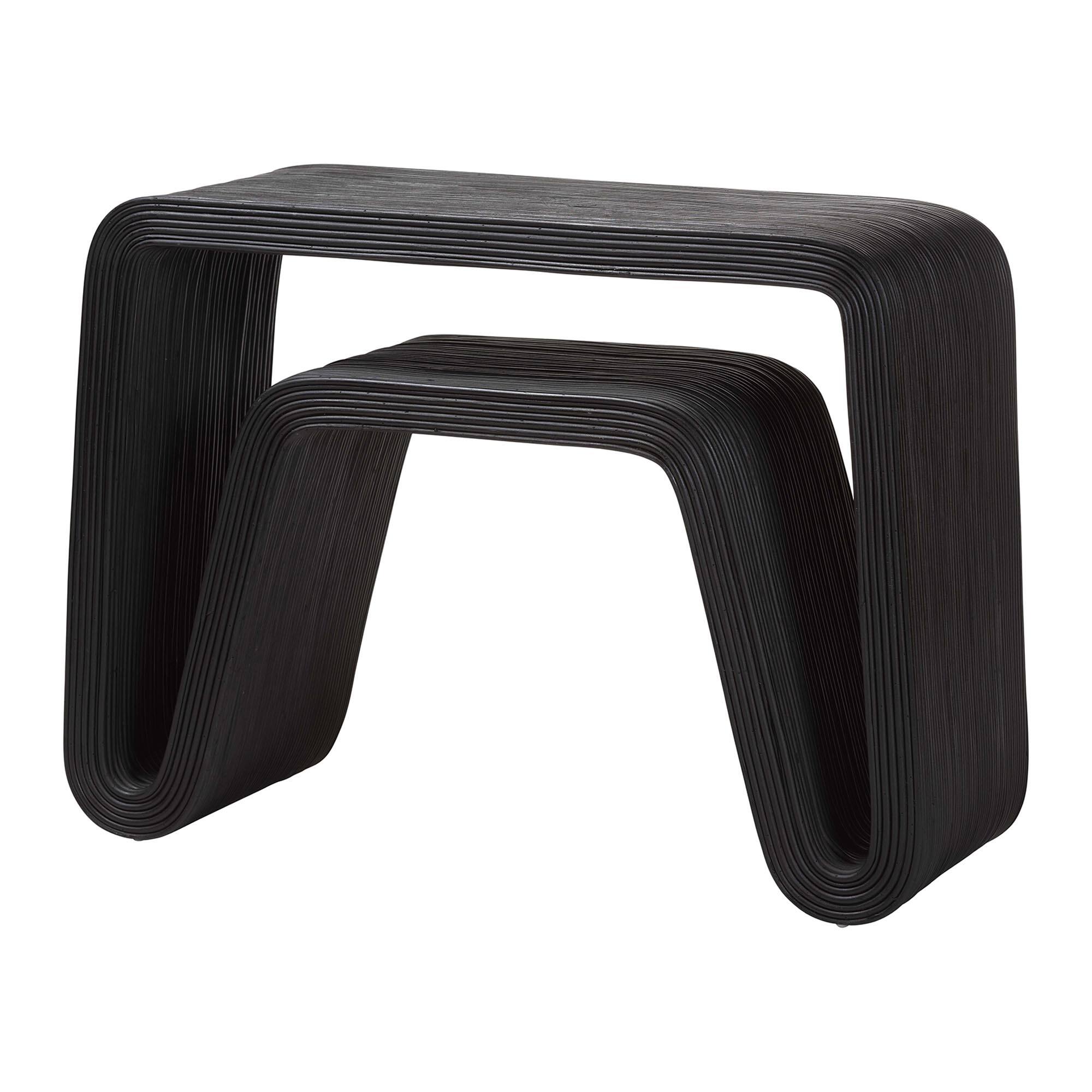 Front. bali & pari - Abebi Rattan Console Table - Modern Accent Table with Waterfall Silhouette and Open Hairpin Legs, Boho Coastal Style - Black.