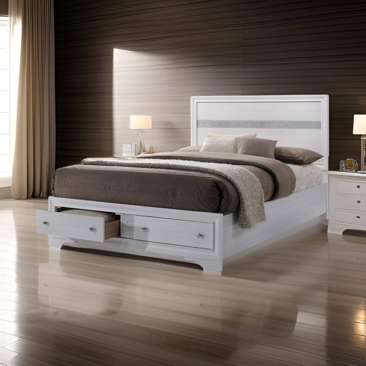 Alt View 5. Manhattan Lane - Panel Design Eastern King Bed with Silver Accents and Bracket Feet, White - White.