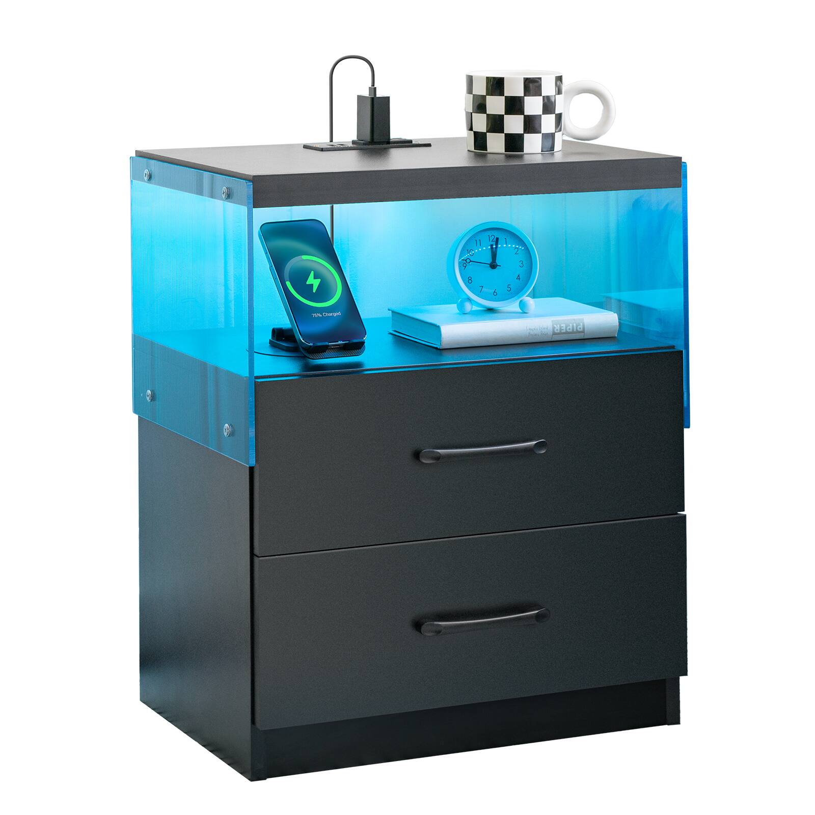 Ecooso - LED Light Nightstand, Modern Bedside Table with Dual Drawers, Bedroom End Table with Adjustable Lighting - Black