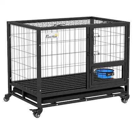 Front. Pawhut - 36" Heavy Duty Dog Crate with Bowl Holder, Strong Steel Dog Cage Kennel with Wheels, Detachable Door, Openable Top.
