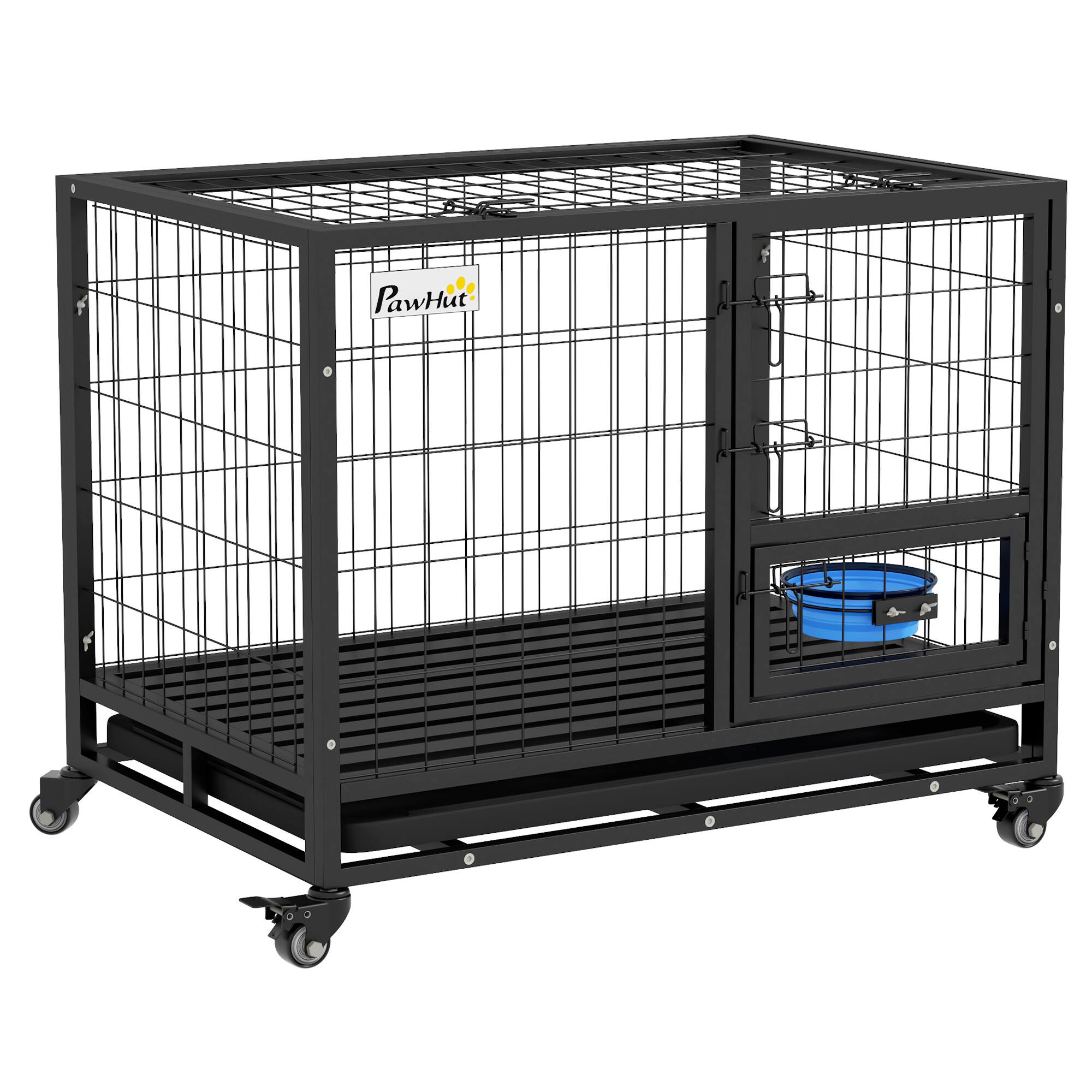 Pawhut - 36" Heavy Duty Dog Crate with Bowl Holder, Strong Steel Dog Cage Kennel with Wheels, Detachable Door, Openable Top