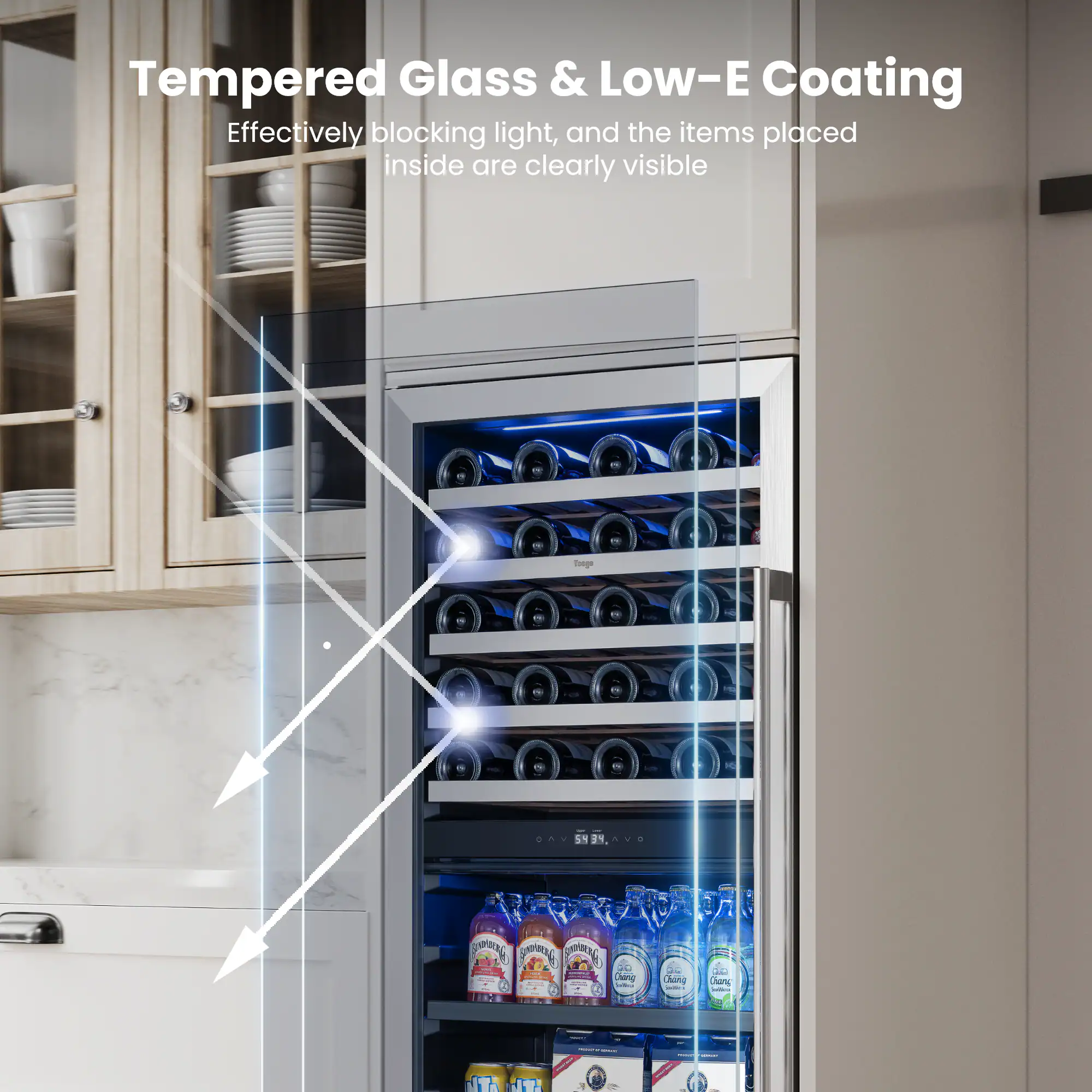 Tempered Glass & Low-E Coating  
Effectively blocking light, and the items placed inside are clearly visible