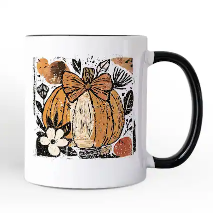 Front. OrnamentallyYou - Pumpkin Fall Floral Mug, Thanksgiving Coquette Bow Gift - White.