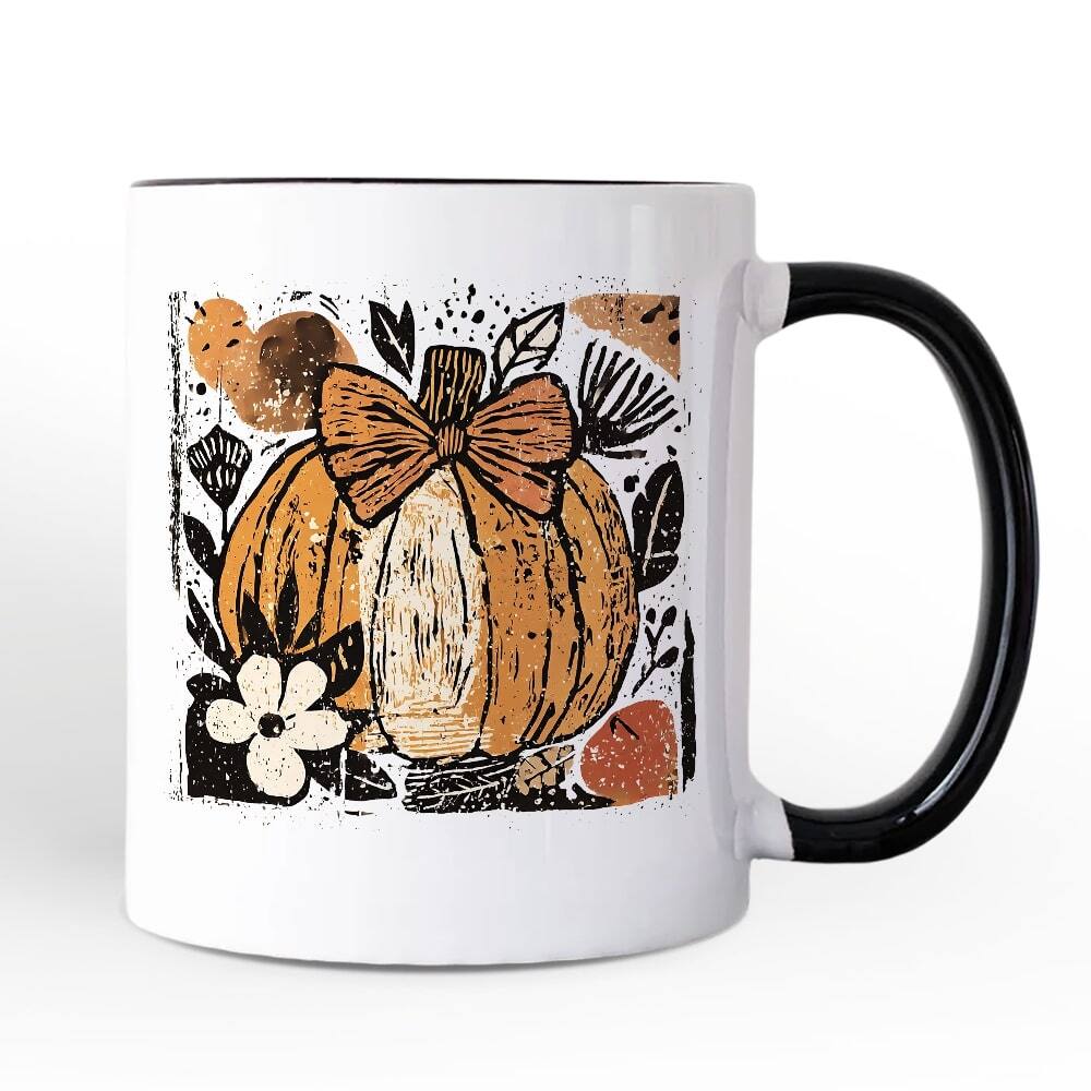Front. OrnamentallyYou - Pumpkin Fall Floral Mug, Thanksgiving Coquette Bow Gift - White.
