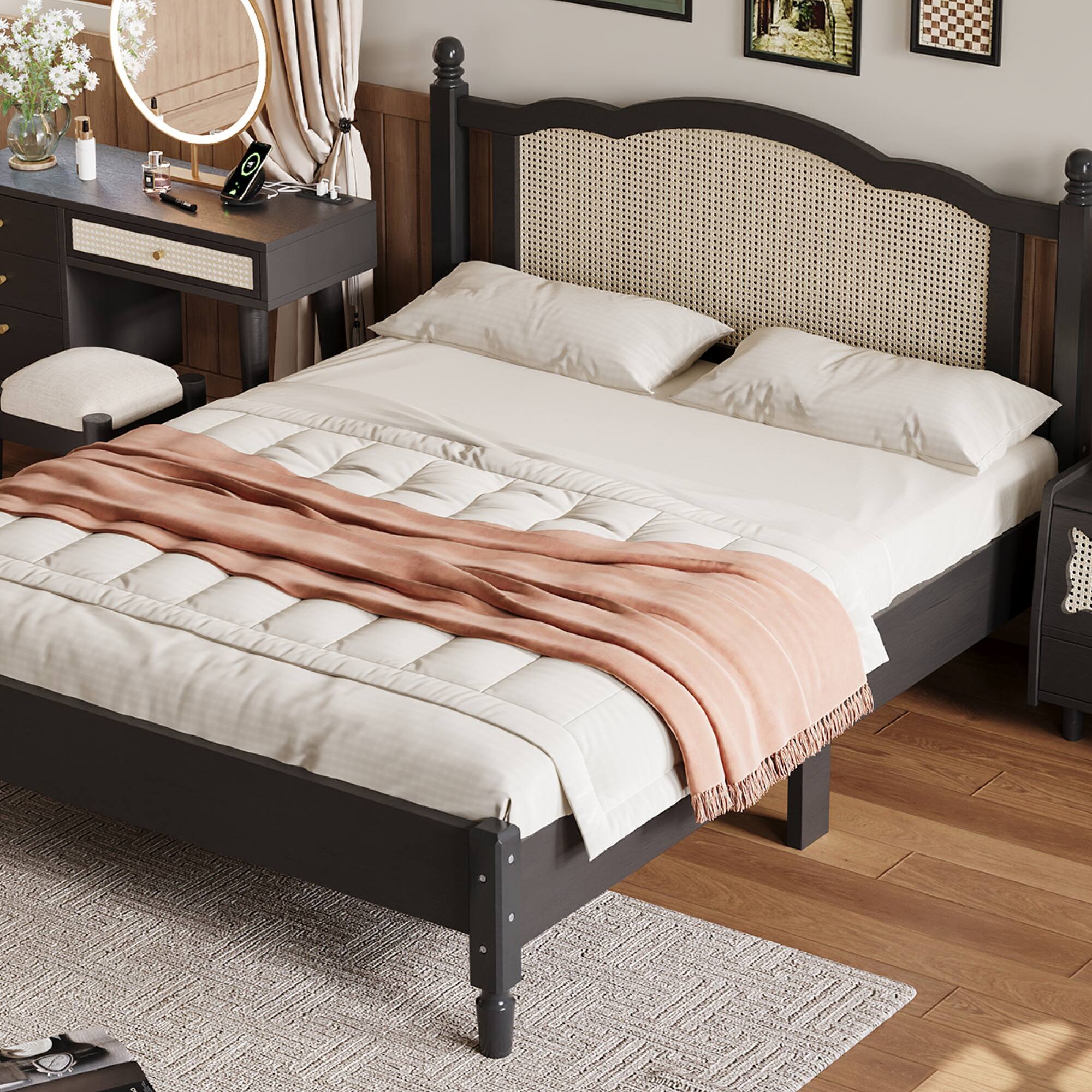 Alt View 8. GOODSILO - Vintage Rattan Headboard Queen Size Platform Bed Frame with Wooden Slat Support - Black.