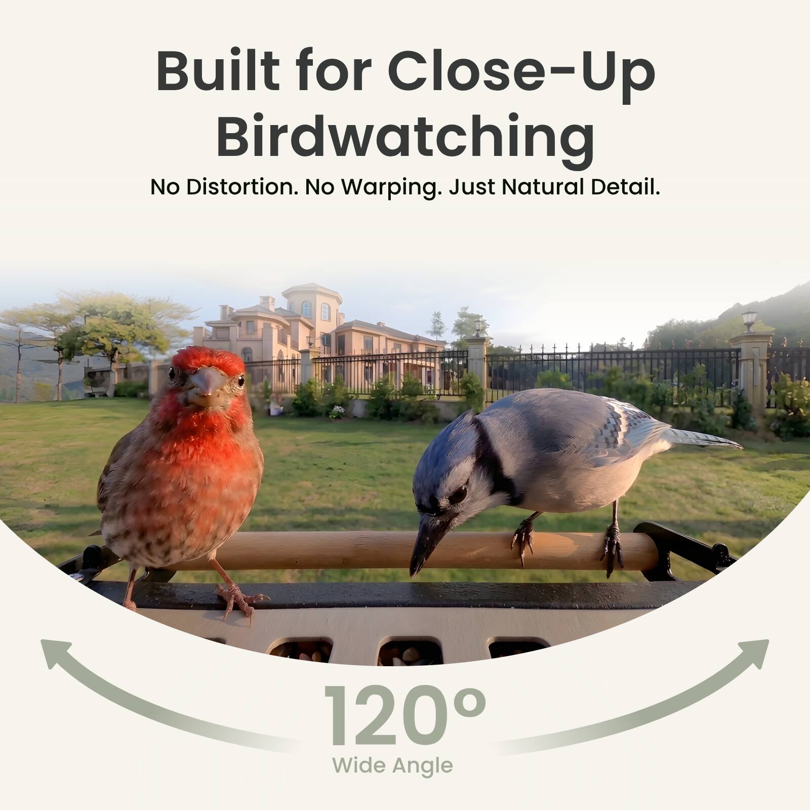 Built for Close-Up Birdwatching  
No Distortion. No Warping. Just Natural Detail.  
120° Wide Angle