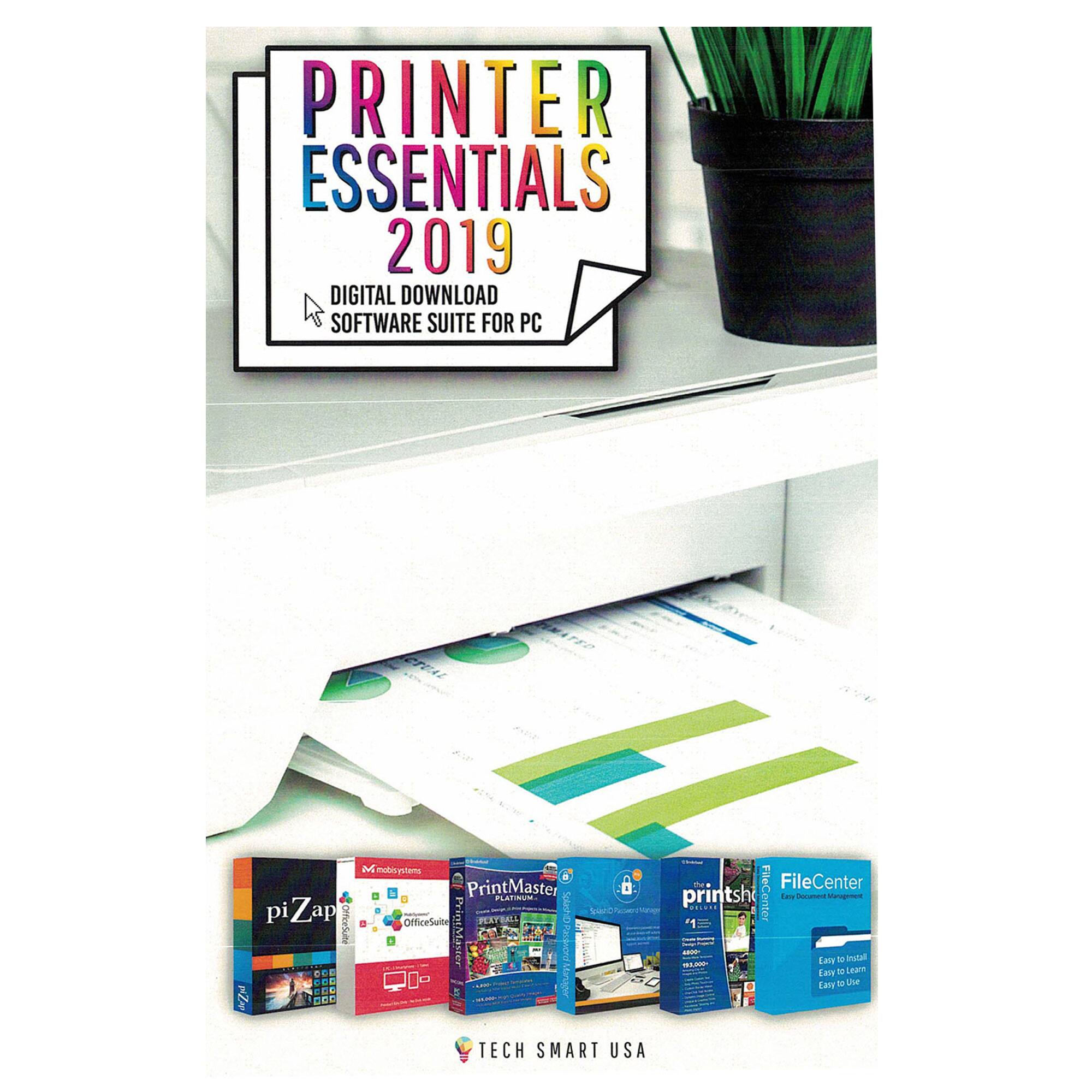 Sure, here is the corrected and grouped text:

---

**Printer Essentials 2019**

- Digital Download
- Software Suite for PC

---

**Included Software:**

- piZap
- PrintMaster
- Office Suite
- FileCenter
- printsh

---

**Tech Smart USA**