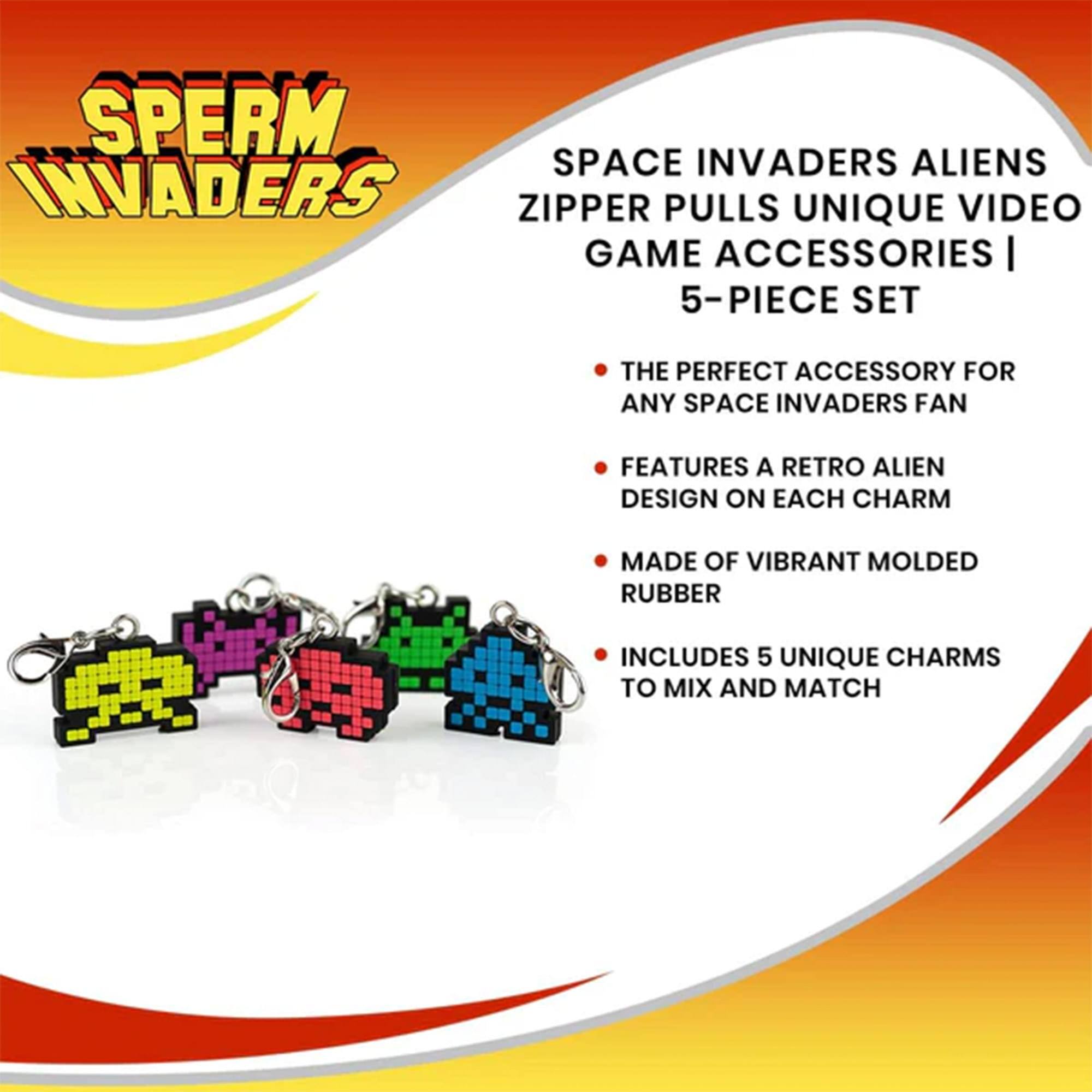 SPERM INVADERS

SPACE INVADERS ALIENS ZIPPER PULLS UNIQUE VIDEO GAME ACCESSORIES | 5-PIECE SET

- THE PERFECT ACCESSORY FOR ANY SPACE INVADERS FAN
- FEATURES A RETRO ALIEN DESIGN ON EACH CHARM
- MADE OF VIBRANT MOLDED RUBBER
- INCLUDES 5 UNIQUE CHARMS TO MIX AND MATCH