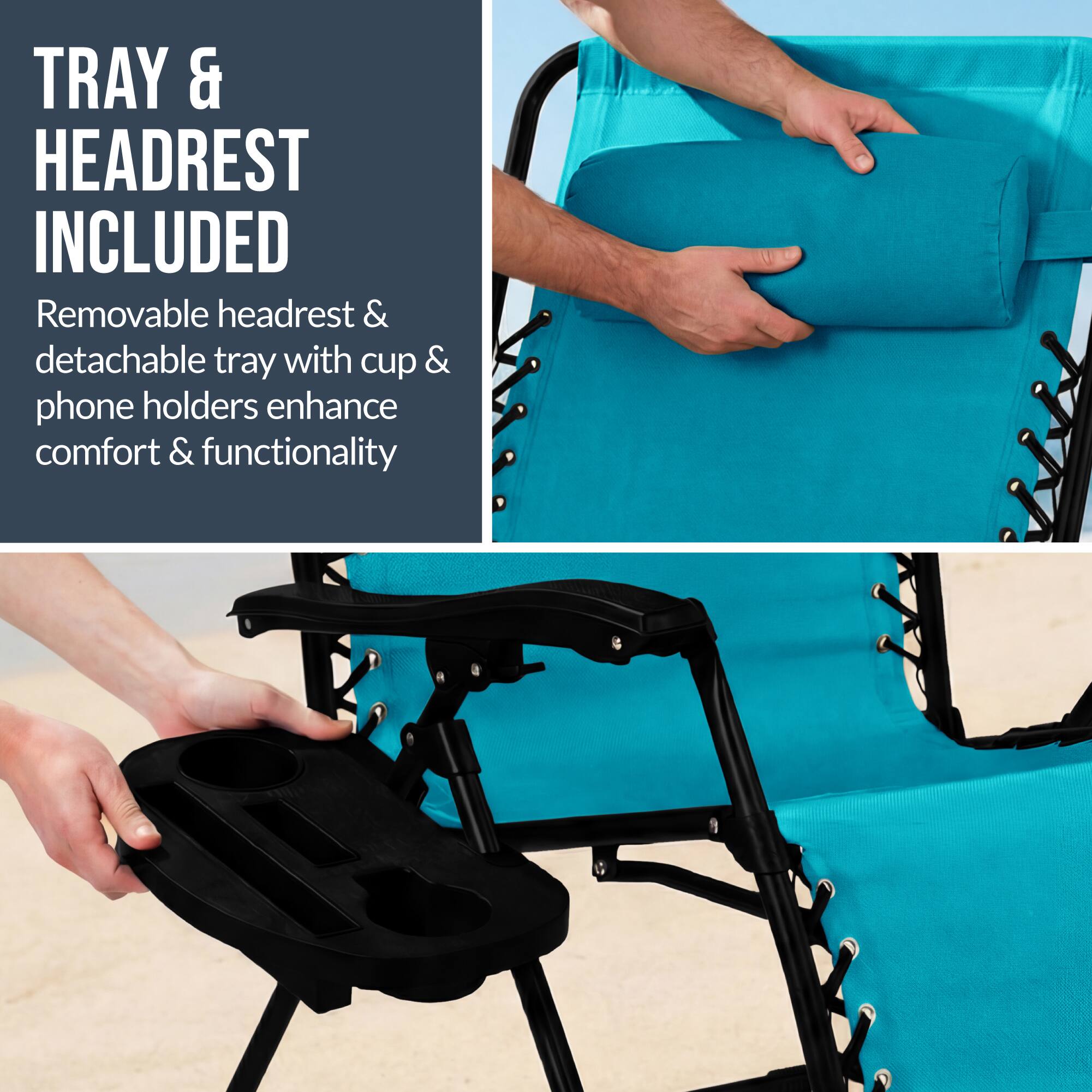TRAY & HEADREST INCLUDED

Removable headrest & detachable tray with cup & phone holders enhance comfort & functionality