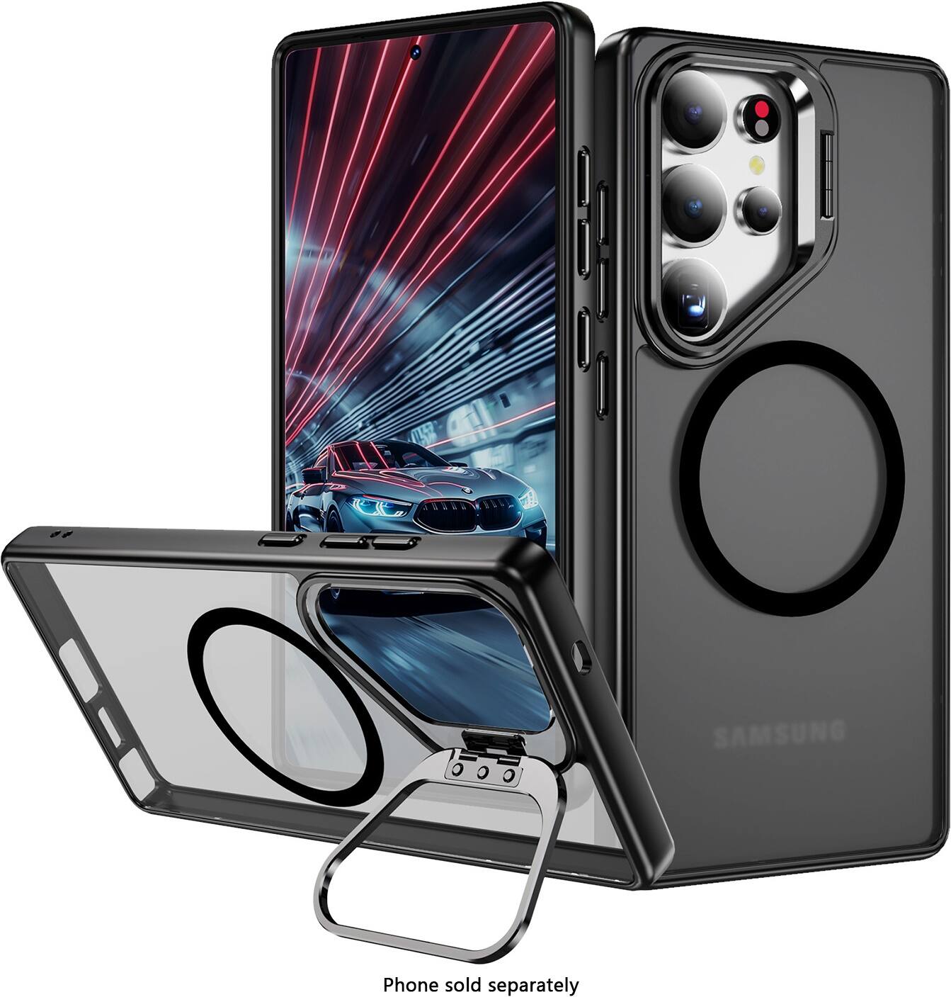 The image features a Samsung phone that is sold separately. The phone is placed in a case, which is also sold separately. The case is designed to protect the phone and is made of a durable material. The phone is displayed in a vertical position, and the case is shown in a horizontal position. The image also features a car in the background, which adds an interesting element to the overall composition.