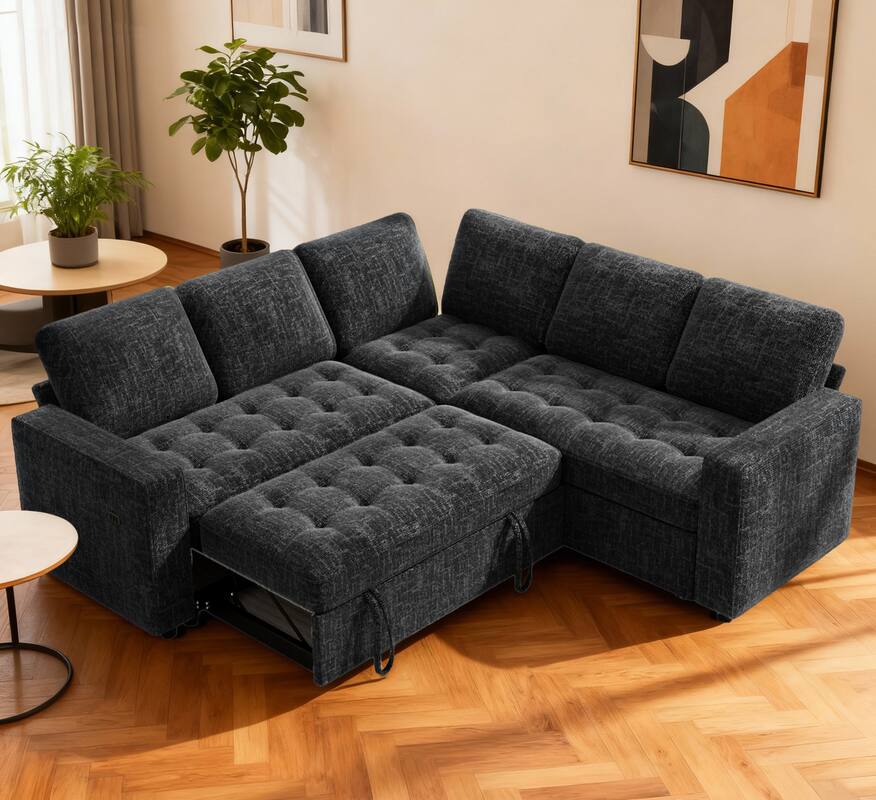 Alt View 4. Vipbear - Vipbear 80-inch 5-seater sofa with pull-out bed, adjustable backrest/storage seat, tool-free assembly - Black.