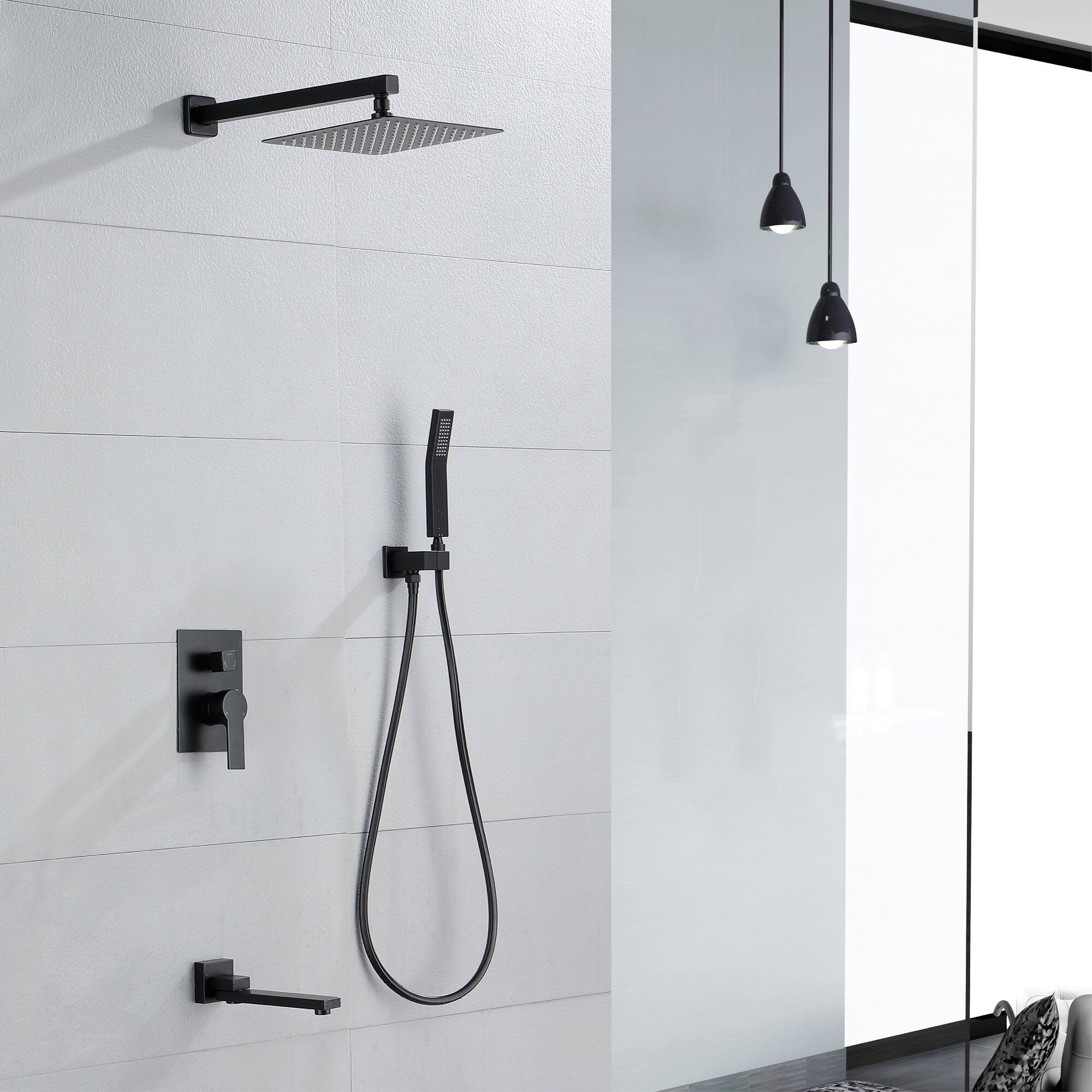 Left. Boyel Living - Single Handle 1 Spray Tub and Shower Faucet with Dual Shower in Matte Black 12 Inch Valve Included - Matte Black.