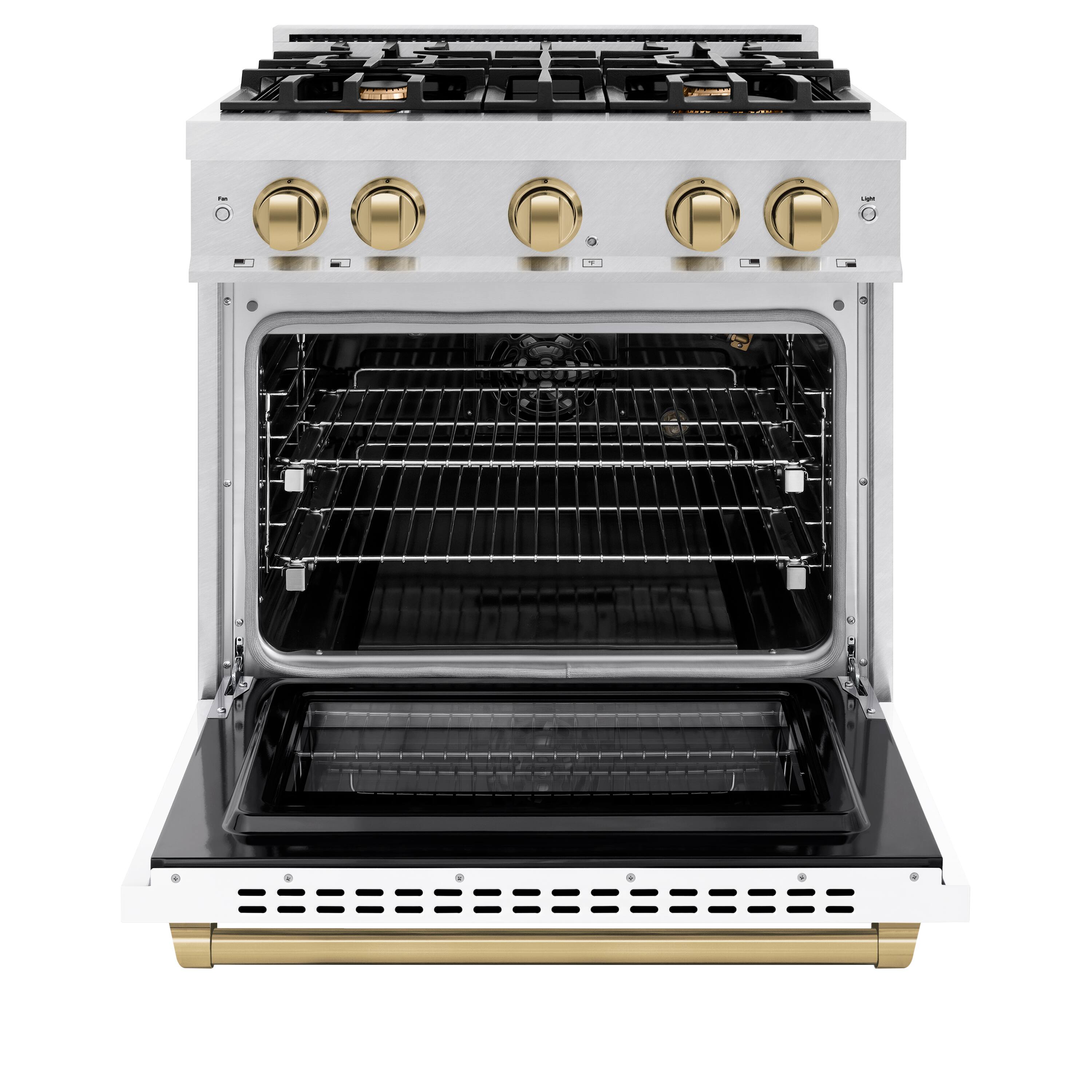 Left. ZLINE - ZLINE Autograph 30 in. 4.2 cu. ft. Freestanding Select Satin Steel Gas Range w/ White Door & Bronze Accents - Satin Stainless Steel.