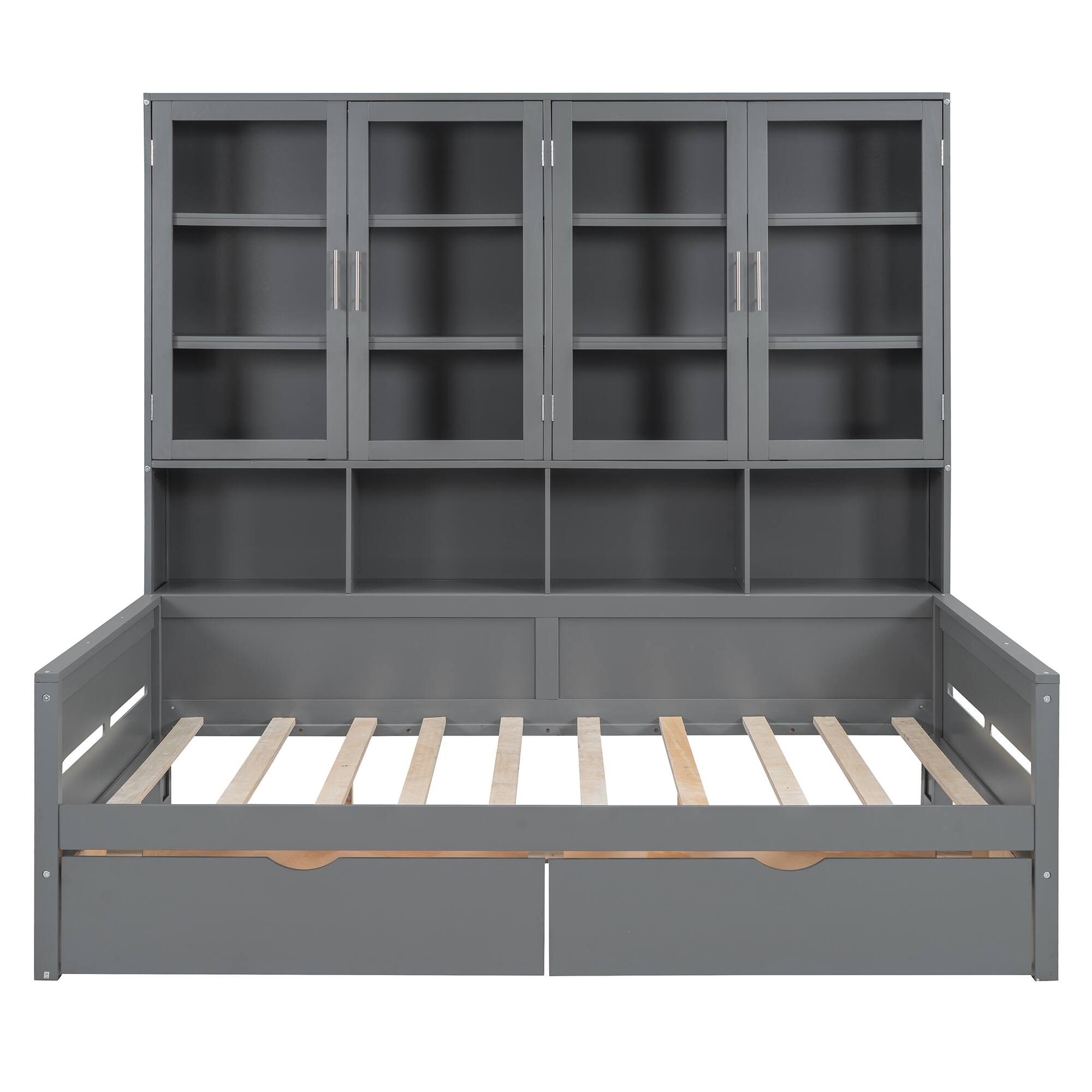 Alt View 2. Tiramisubest - Full Size Wooden Daybed with Glass-Door Storage Cabinets, Built-in LED Lighting and Shelves, Gray - Gray.