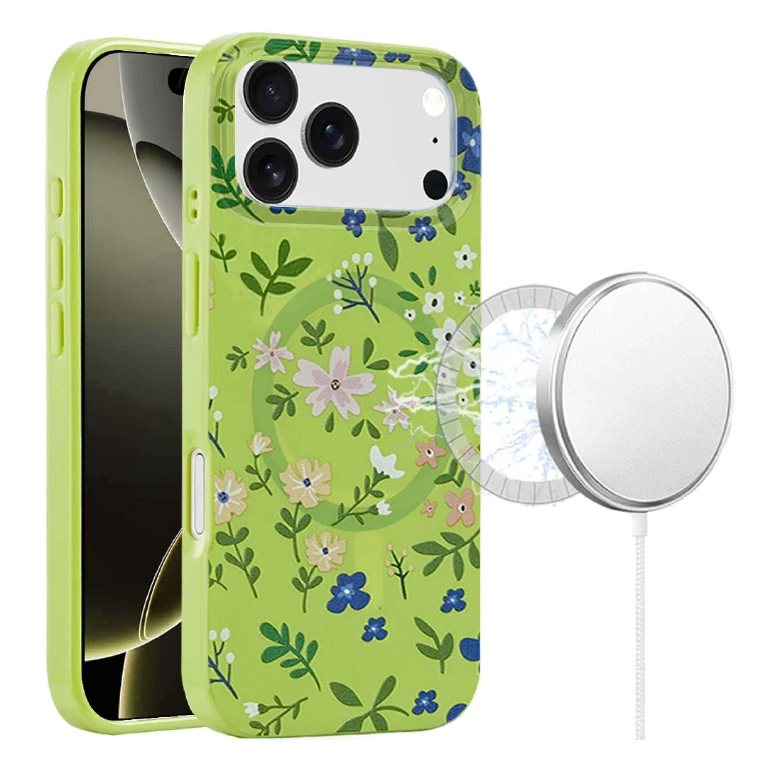 Front. Kitcheniva - IMD Dual Layer Phone Case With Magnetic Circle Tempered Glass For iPhone 17 Pro Green Floral - Multicolor.