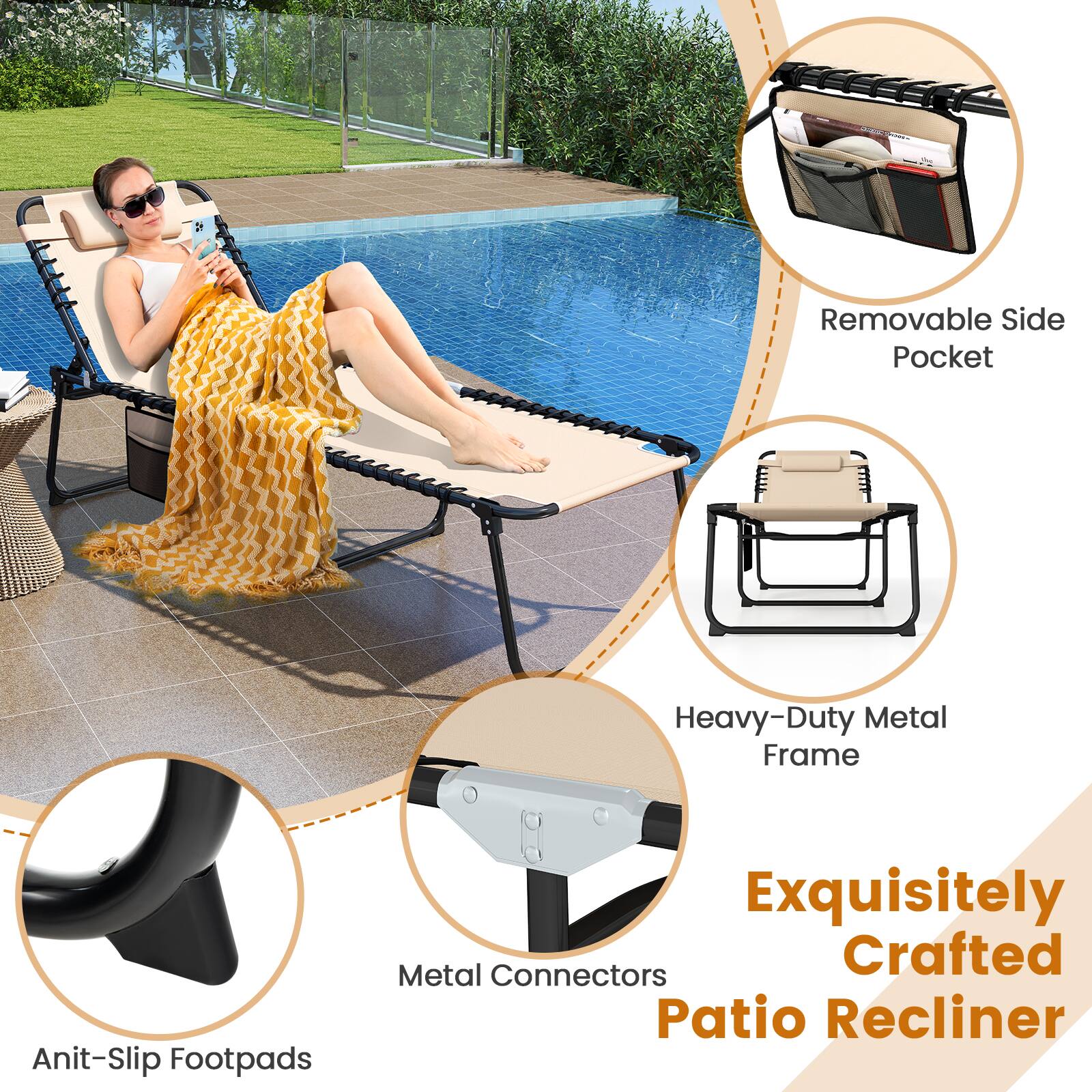 Exquisitely Crafted Patio Recliner, Heavy-Duty Metal Frame, Metal Connectors, Removable Side Pocket, Anti-Slip Footpads