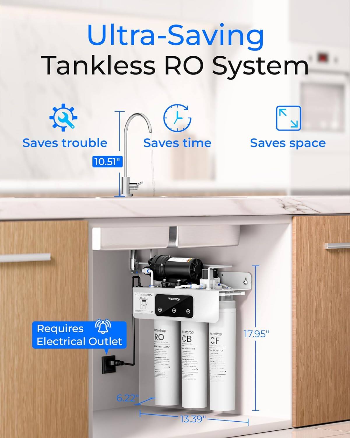 Ultra-Saving Tankless RO System  
Saves trouble  
Saves time  
Saves space  
Requires Electrical Outlet  

Dimensions:  
10.51"  
17.95"  
6.22"  
13.39"