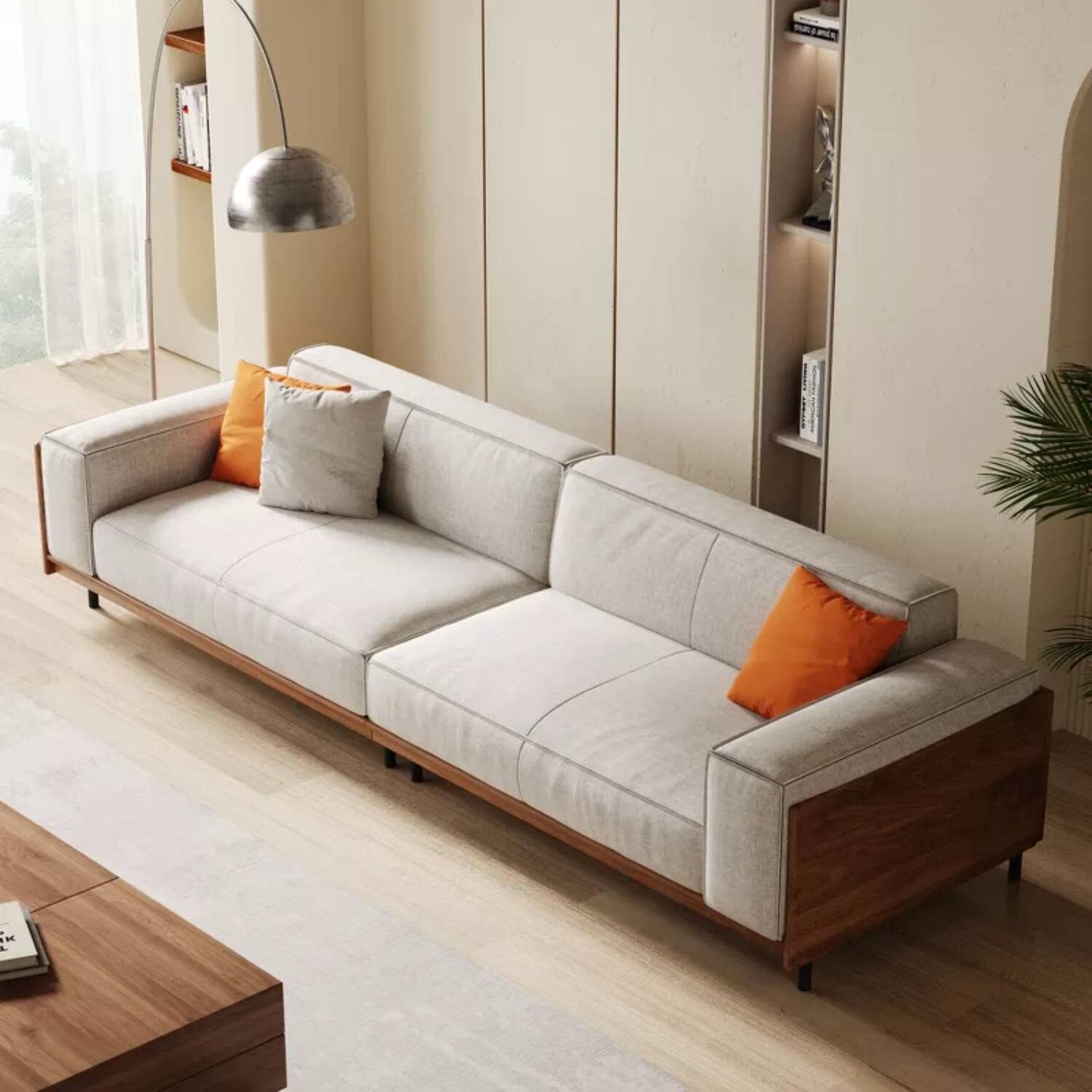 Back. luck idea - 111.81" Mid-Century Modern Sofa, 4-Seater Fabric Couch with Solid Wood Frame, Cotton-Linen Upholstery, Walnut Accents & - GRAY.