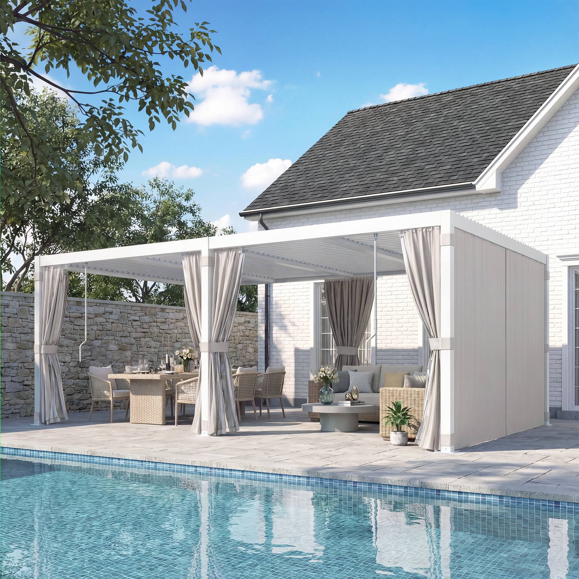 Alt View 6. U-HOMY - 12x20 Outdoor Pergola, Louvered Pergola with Adjustable Aluminum Rainproof Roof for Patio, Backyard, Pool party - White.