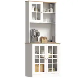 Homcom - Kitchen Pantry Storage Cabinet, 72" Freestanding Cabinet with Hutch, Large Countertop, Glass Doors - White